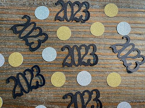 Black 2023 Graduation Party Confetti with Silver and Gold Circles