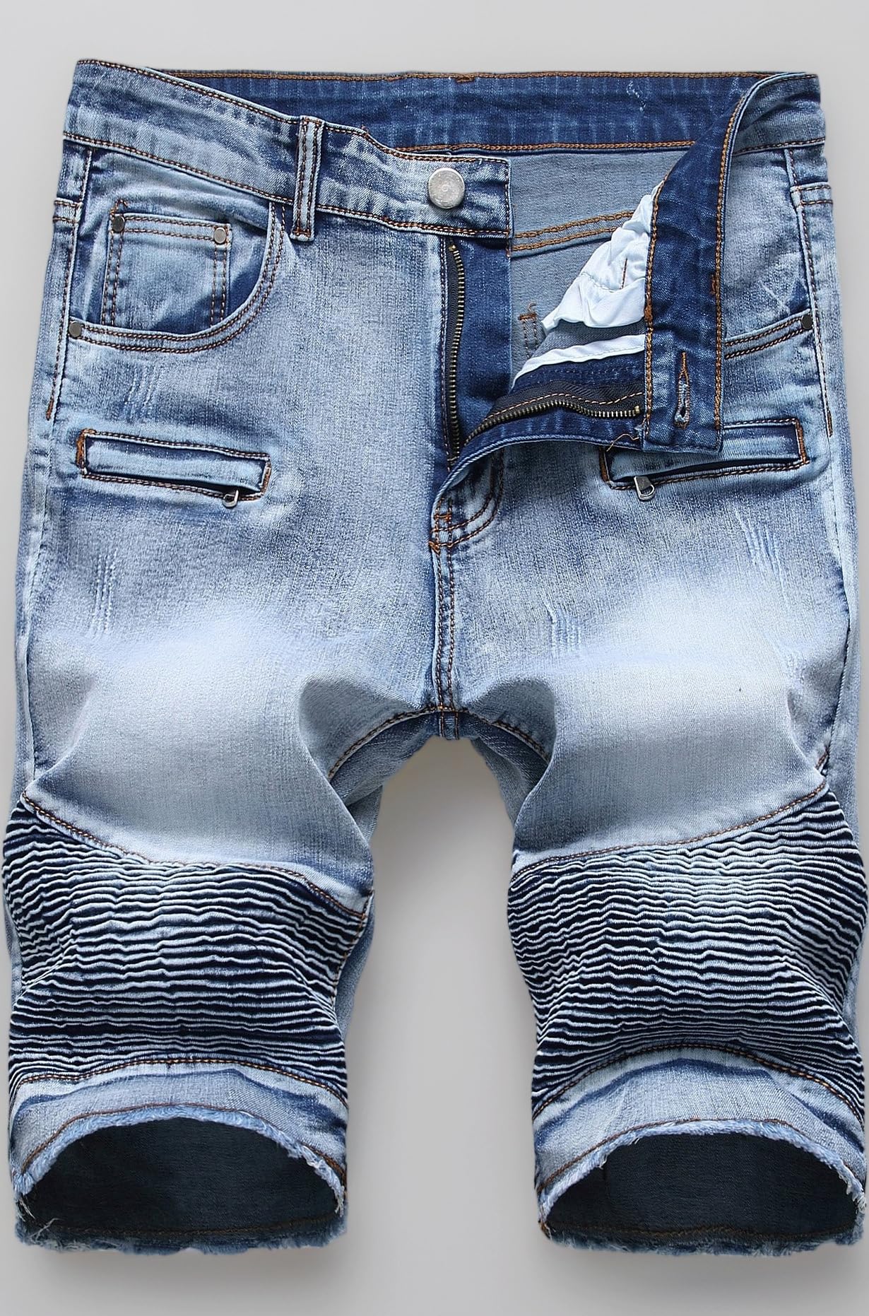Men's Casual Zipper Biker Jeans Shorts Moto Denim Short Pants, Navy Blue, 32