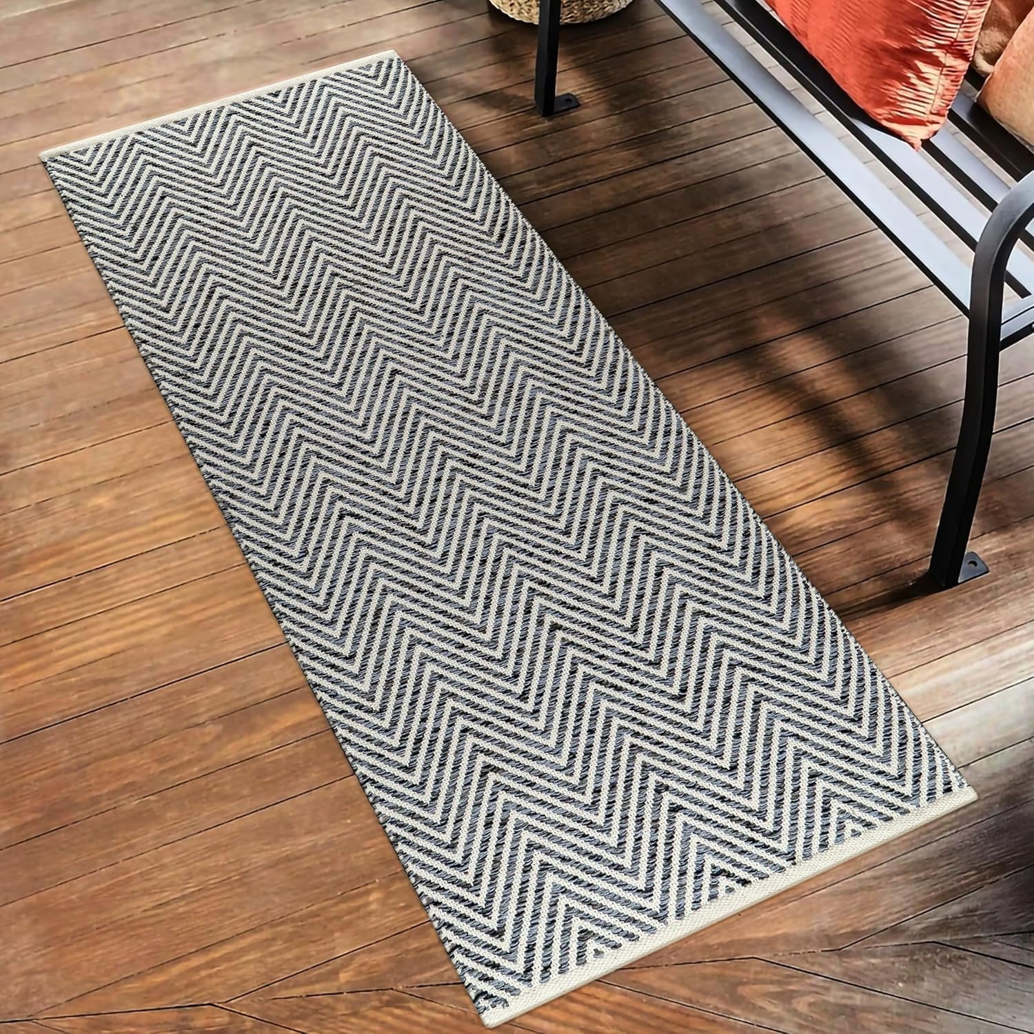 Cotton Chevron Hand Woven Area Runner Rug 2x6 Feet - Charcoal, Farmhouse Decorative Floor Runners Ideal for Hallways, Kitchen, Bedroom | Nursery Durable Geometric Reversible Living Space Patio Mats