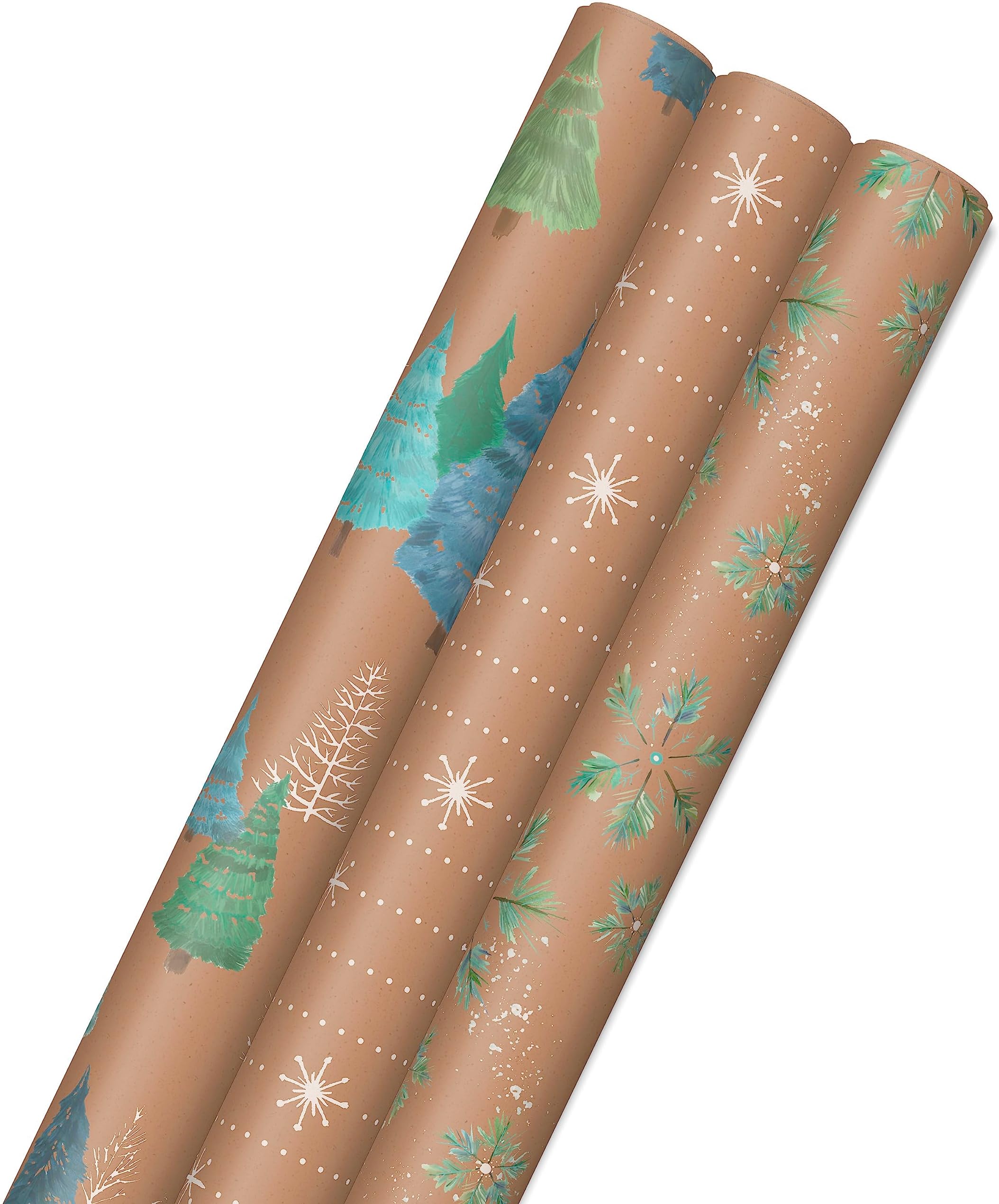 Christmas Wrapping Paper Rolls, Brown Kraft Snowflakes, Blue and Green Foliage, Trees Gift Wrap (Pack of 3: 90 sq. ft. ttl.) for Holiday Parties, Winter Weddings, Birthdays