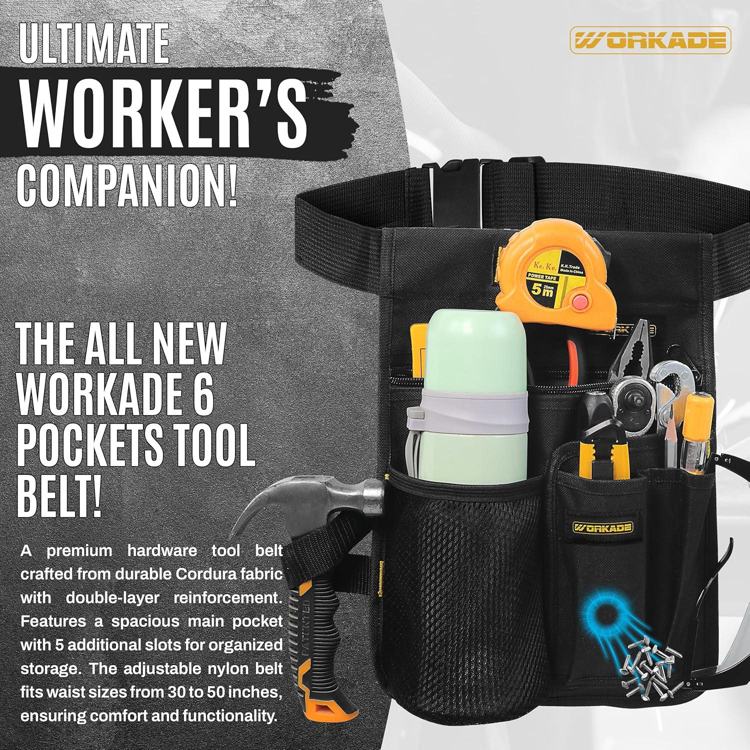 Magnetic Tool Belt | 6-Pocket Single Side Work Apron with Mesh Bottle Holder | Durable Cordura D600 Construction for Carpenters & Builders | Adjustable Utility Pouch for a Custom Fit