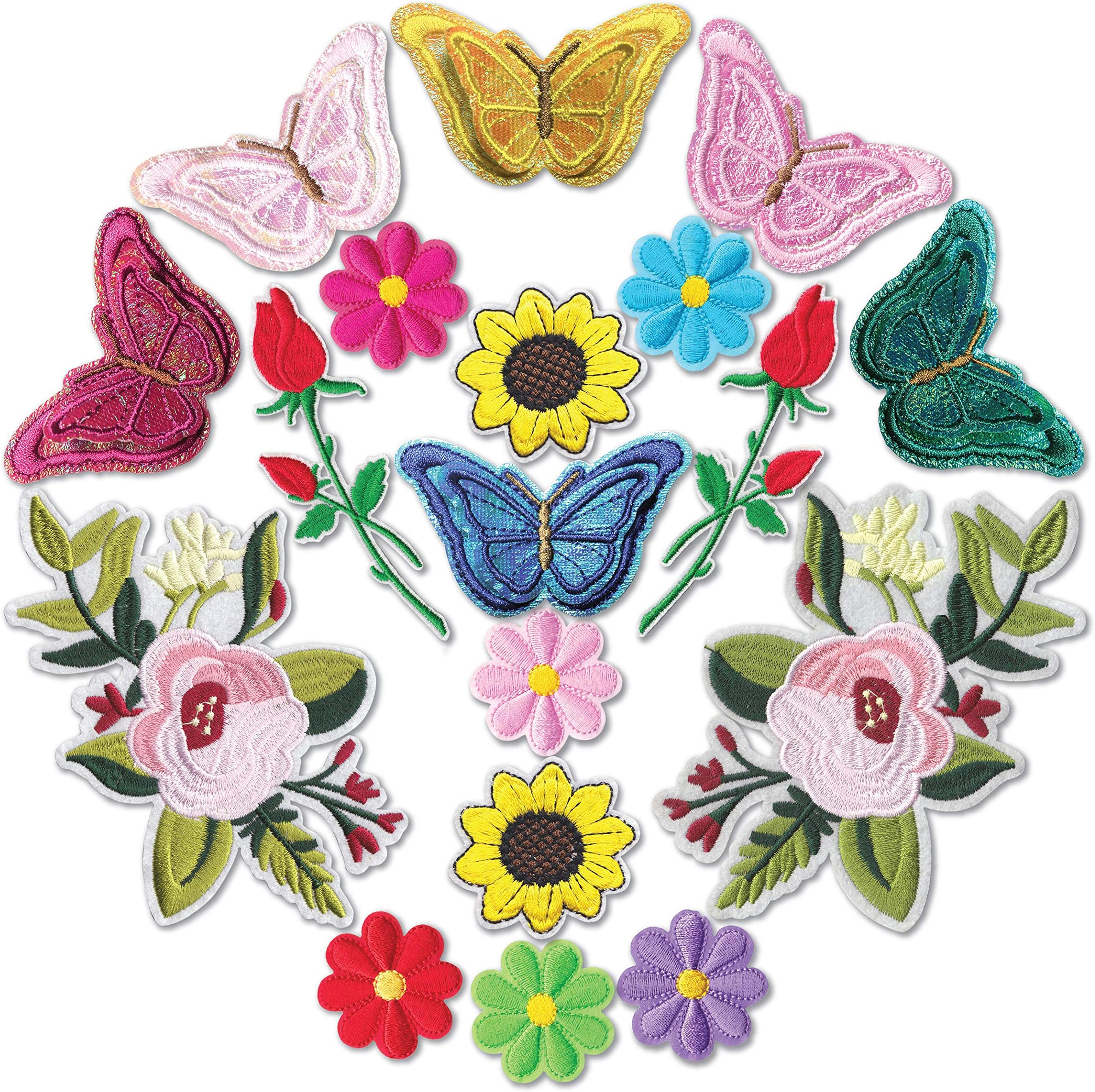 HeyaZea 18pcs Cute Butterfly Flowers Embroidered Iron On Patches Colorful Sewing On Patches Appliques for Clothes Jackets Hats Backpacks Jeans; Kids Children Teens Girls Ladies; Roses DIY Crafts