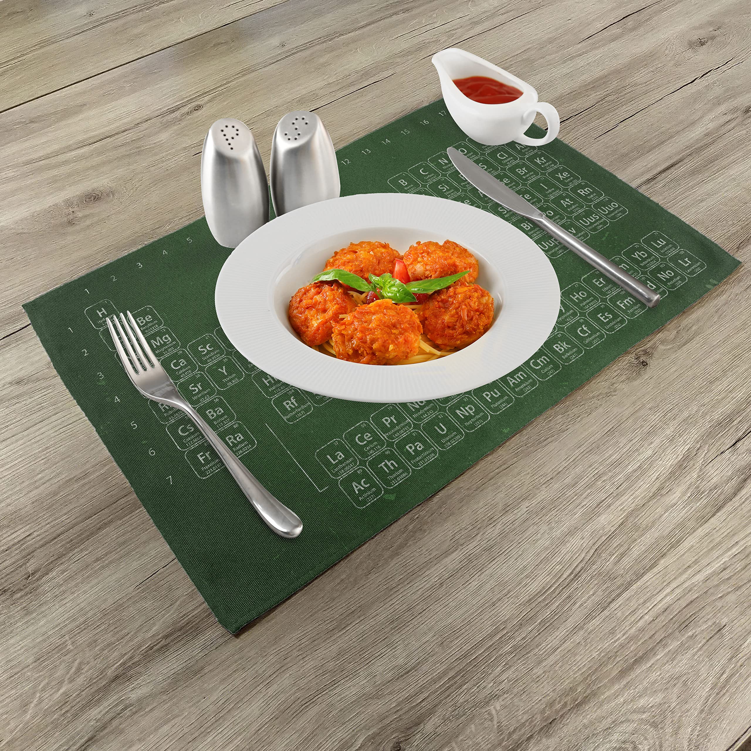 ABAKUHAUS Chimica Elementi Tovaglietta Americana Set di 4, Tavola Periodica, Tovagliette in Tessuto Lavabile per Tavolo da Pranzo Cena, Smeraldo e Verde Pallido