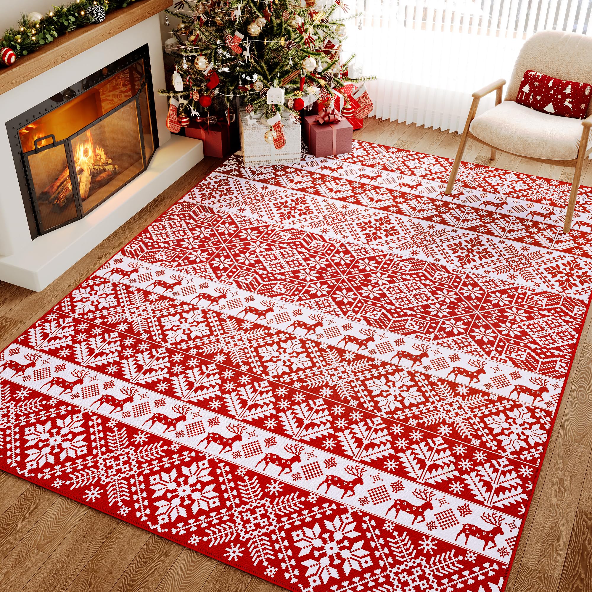 Tappeto Di Natale Rosso In Poliestere - 140x200 Cm, Pelo Corto, Antiscivolo, Lavabile, Per Soggiorno E Decorazioni