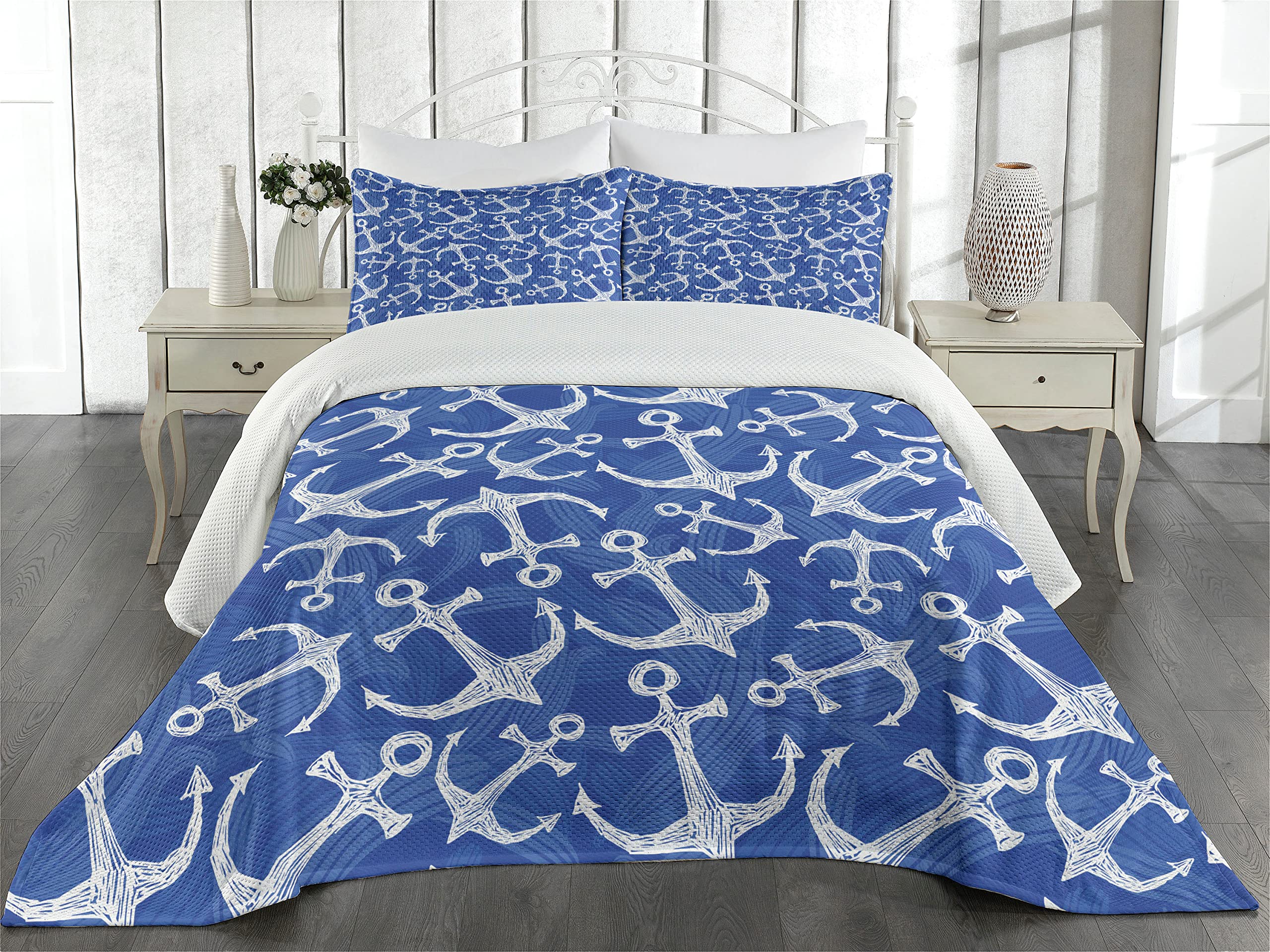 Ambesonne Anchor Coverlet, Sea Anchor with Weird Modern Lines Marine Life Equipments Sailing Hope Image, 3 Piece Decorative Quilted Bedspread Set with 2 Pillow Shams, King Size, Azure Blue White