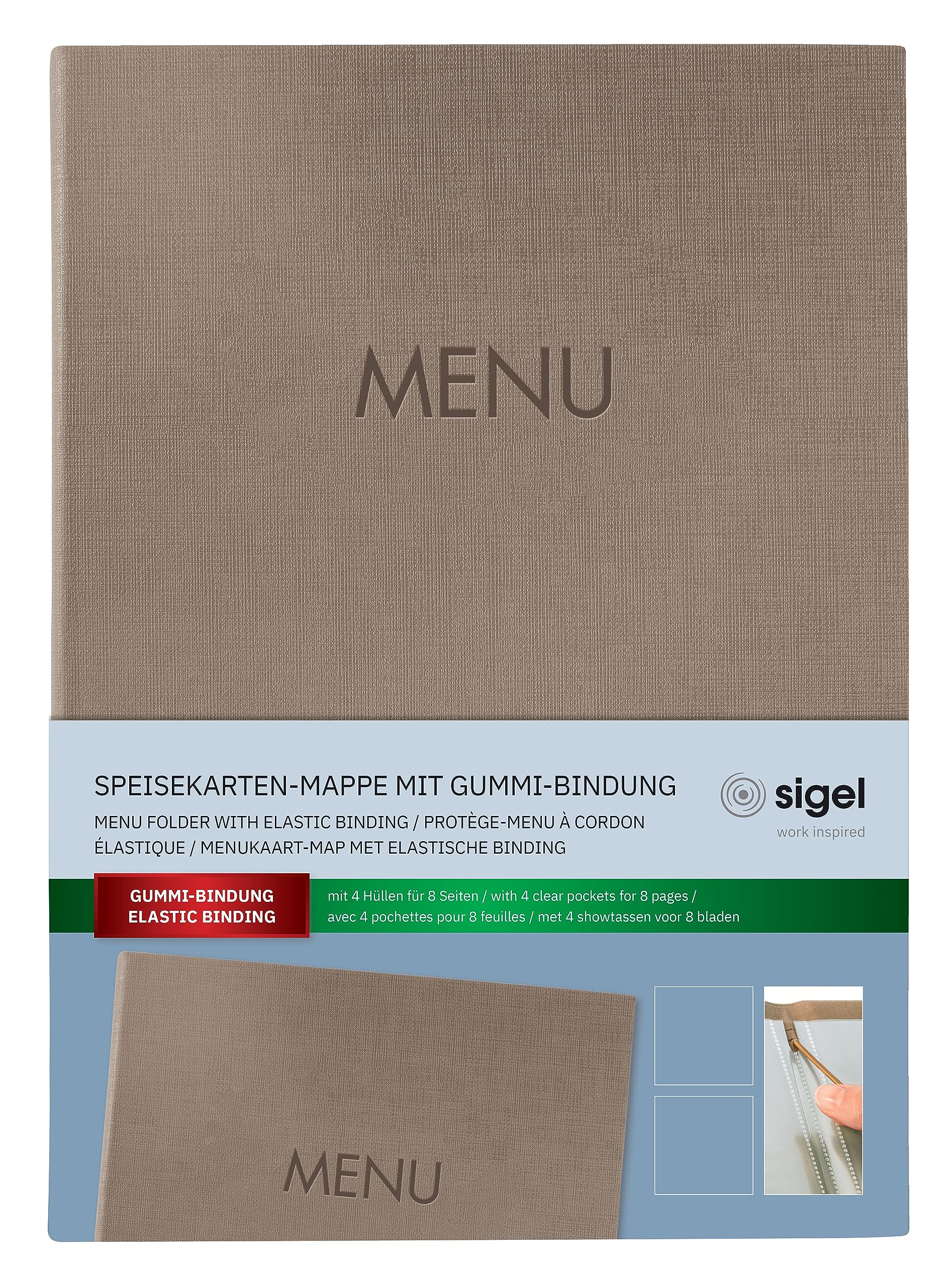 SIGEL SM210 segregator menu z elastycznym sznurkiem, z 2 przezroczystymi kieszeniami na 8 arkuszy DIN A4, menu do tłoczenia, ciemnobeżowy