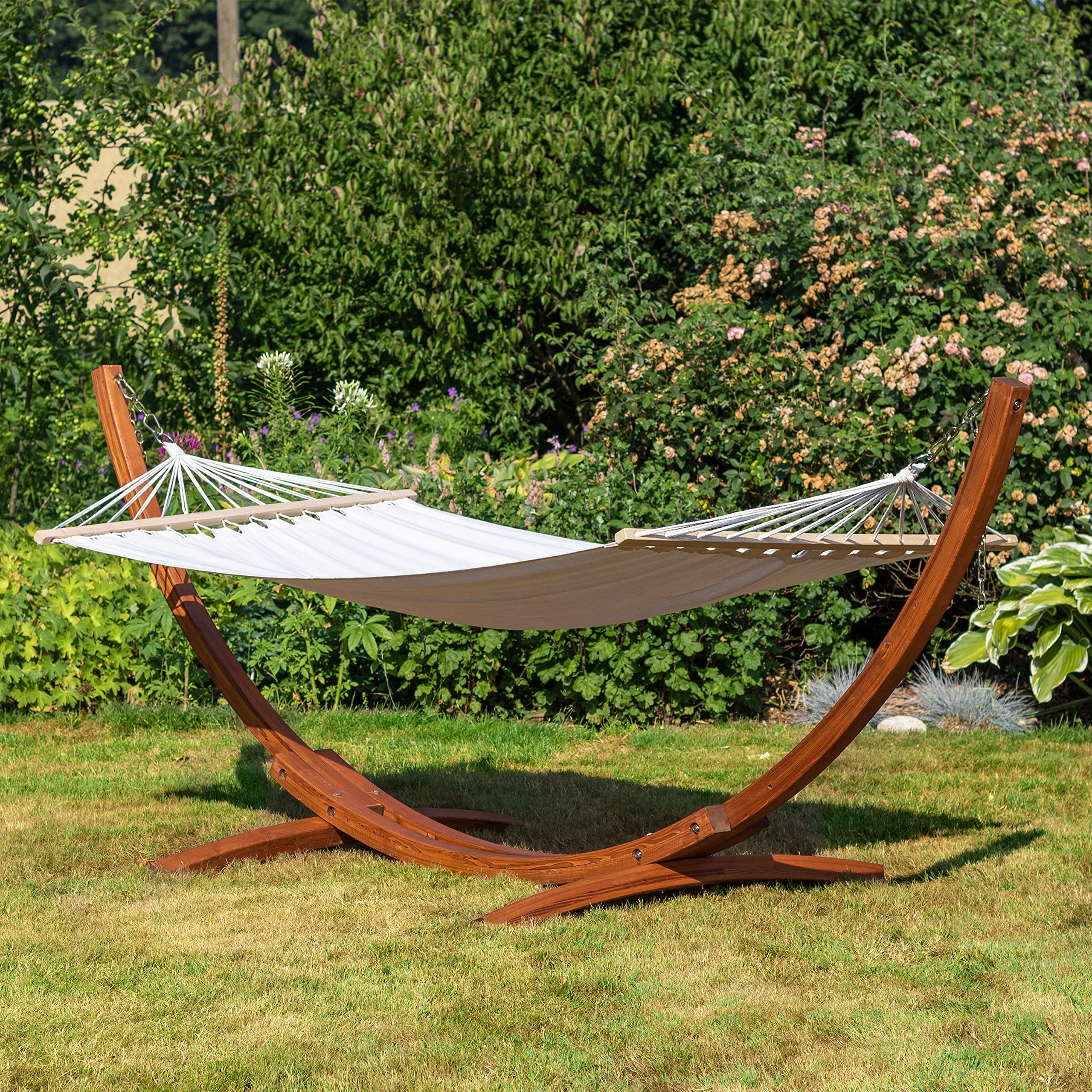 Ampel 24 Outdoor Hängematte mit Gestell und Sicherung, Hängemattengestell Holz Eukalyptus - Stabhängematte wollweiß Baumwolle, Braun/Reisweiß (310 cm)