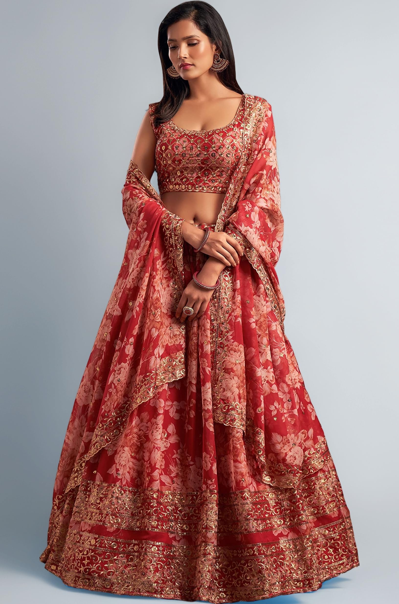 Women's Organza Floral White Semi-Stitched Lehenga Choli (7611-Wedding-Floral-Lehenga-Latest, White)