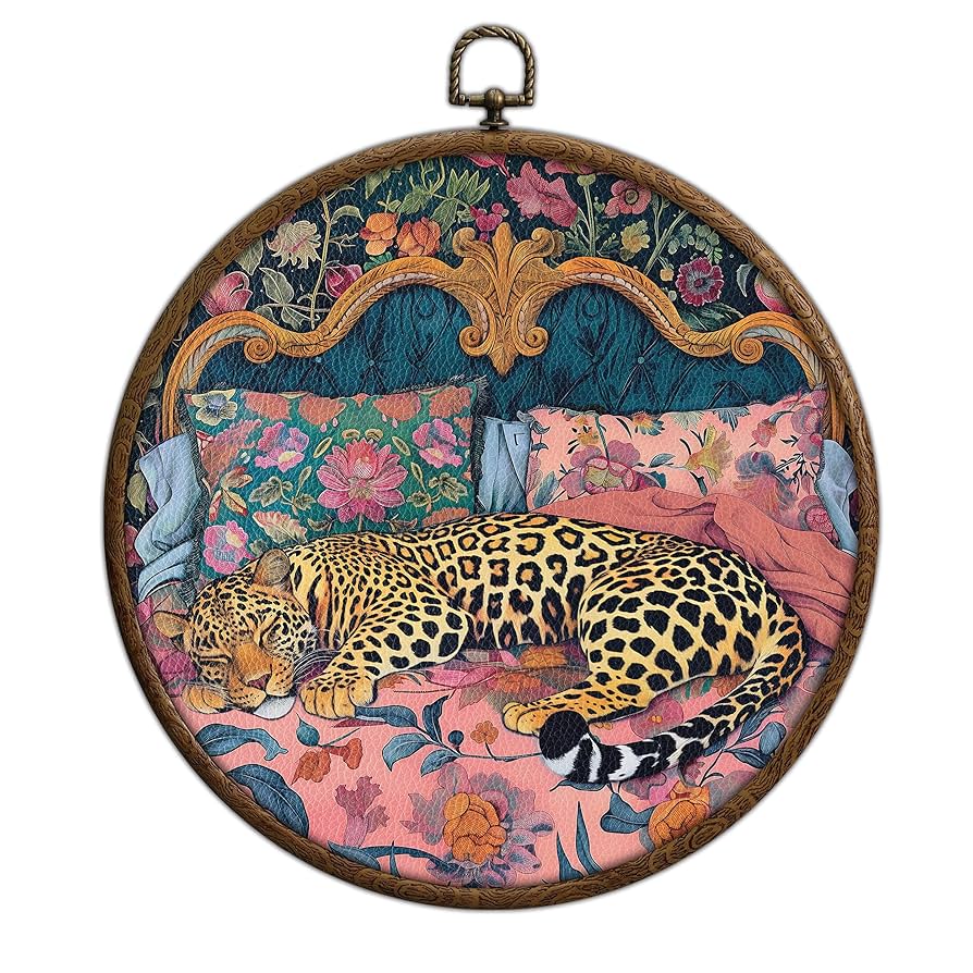 Sleepy Leopard in a Vintage Bed Wall Art, Printed Canvas Wall Hanging for Bedroom Kitchen Office, Round Wall Decoration, Bedroom Wall Decor, Living Room Wall Art, Circular Wall Hanging with Hooks,14