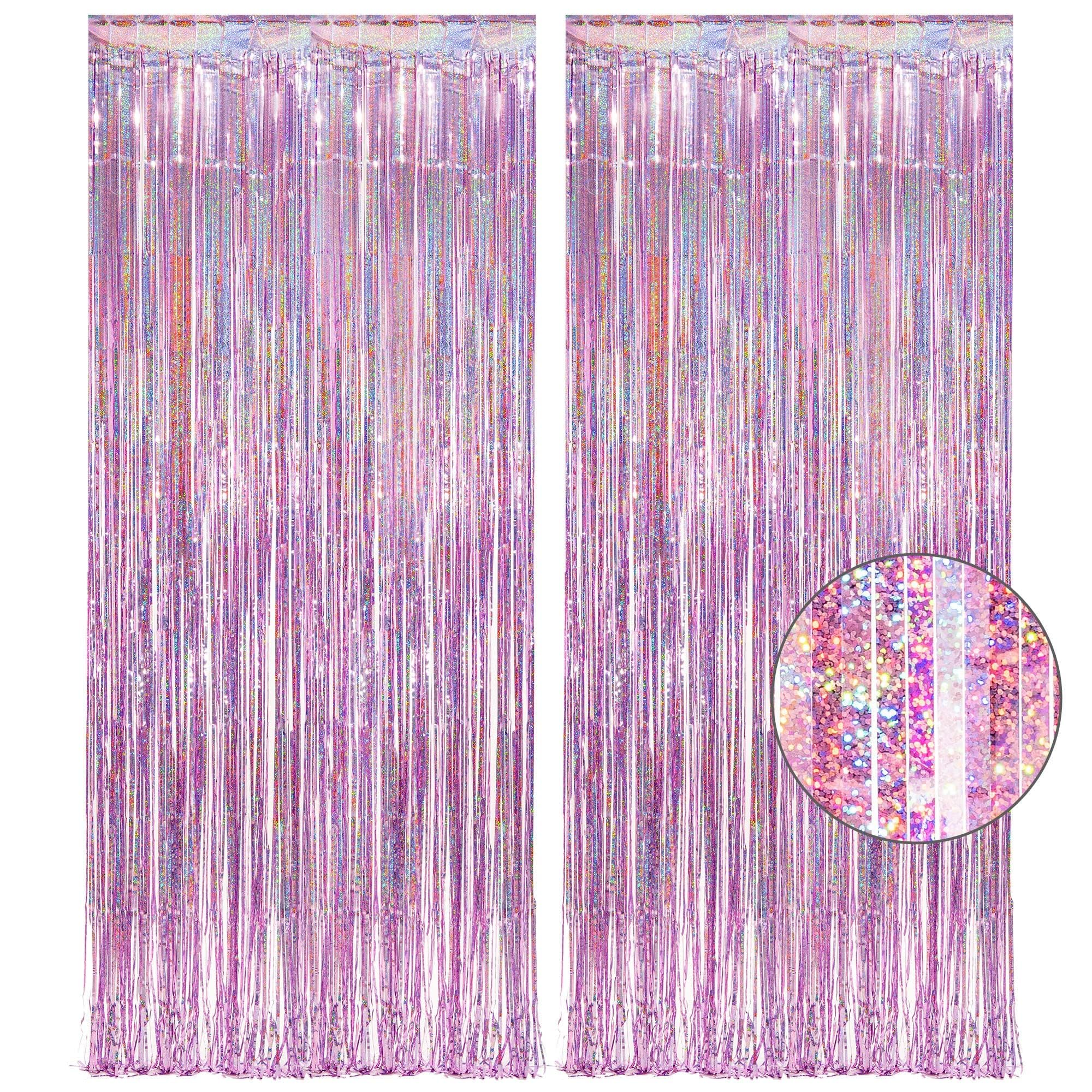 Khazna Tinsel Curtain Party Backdrop, Pink Glitter Foil Fringe Curtain Lilac Pink Party Decor Streamers for Birthday Girl Princess Bachelorette Euphoria Theme Party Decorations (2 Pcs)