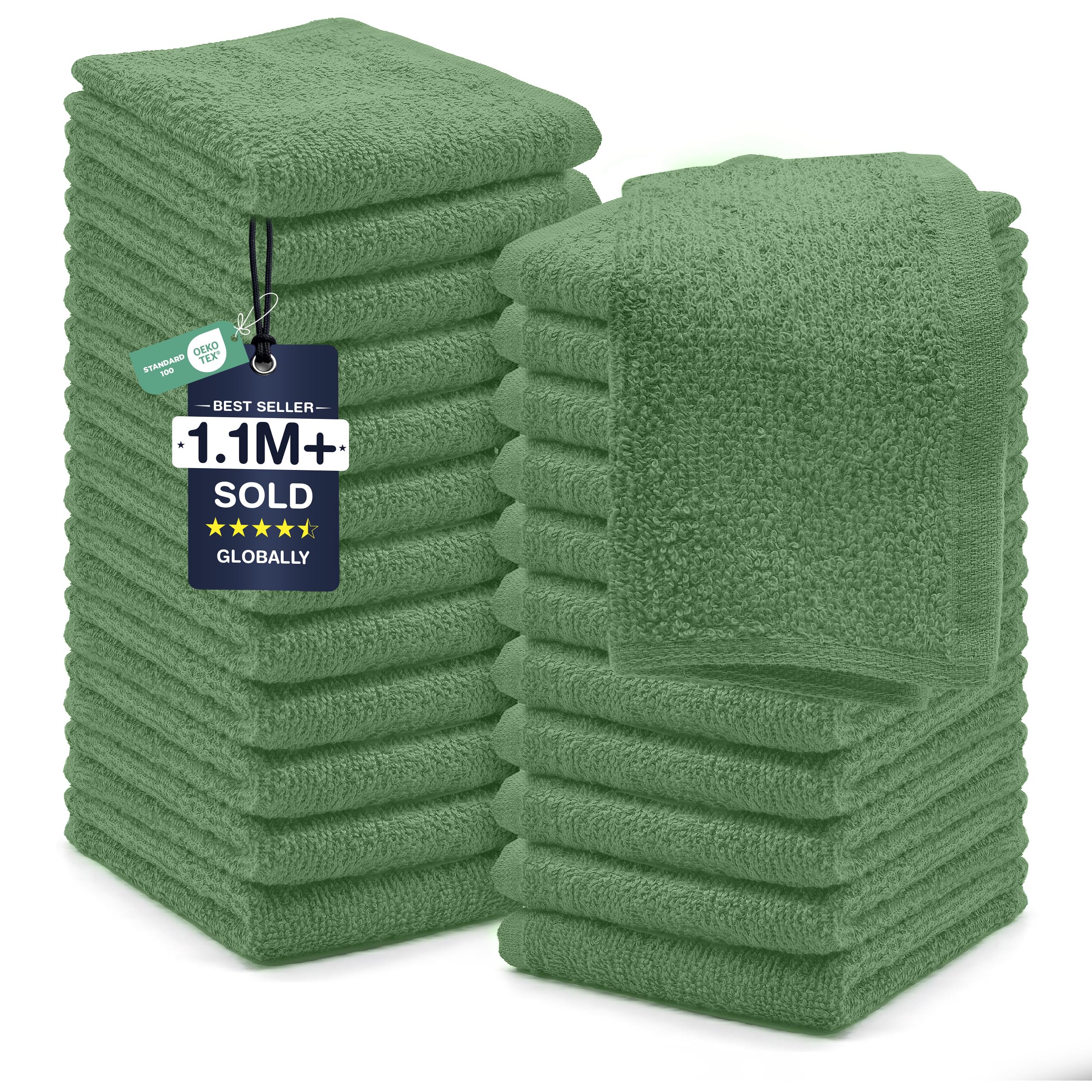 DAN RIVER 24 Pack Cotton Wash Cloths Set for Showering [12x12] Sage Green