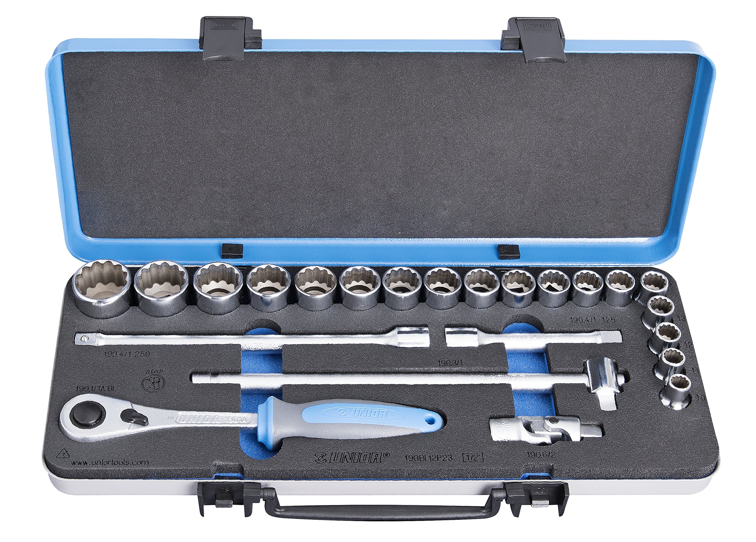 Unior 190BI12P23 Socket Spanner Assortment 1/2 Inch in Metal Case, Black