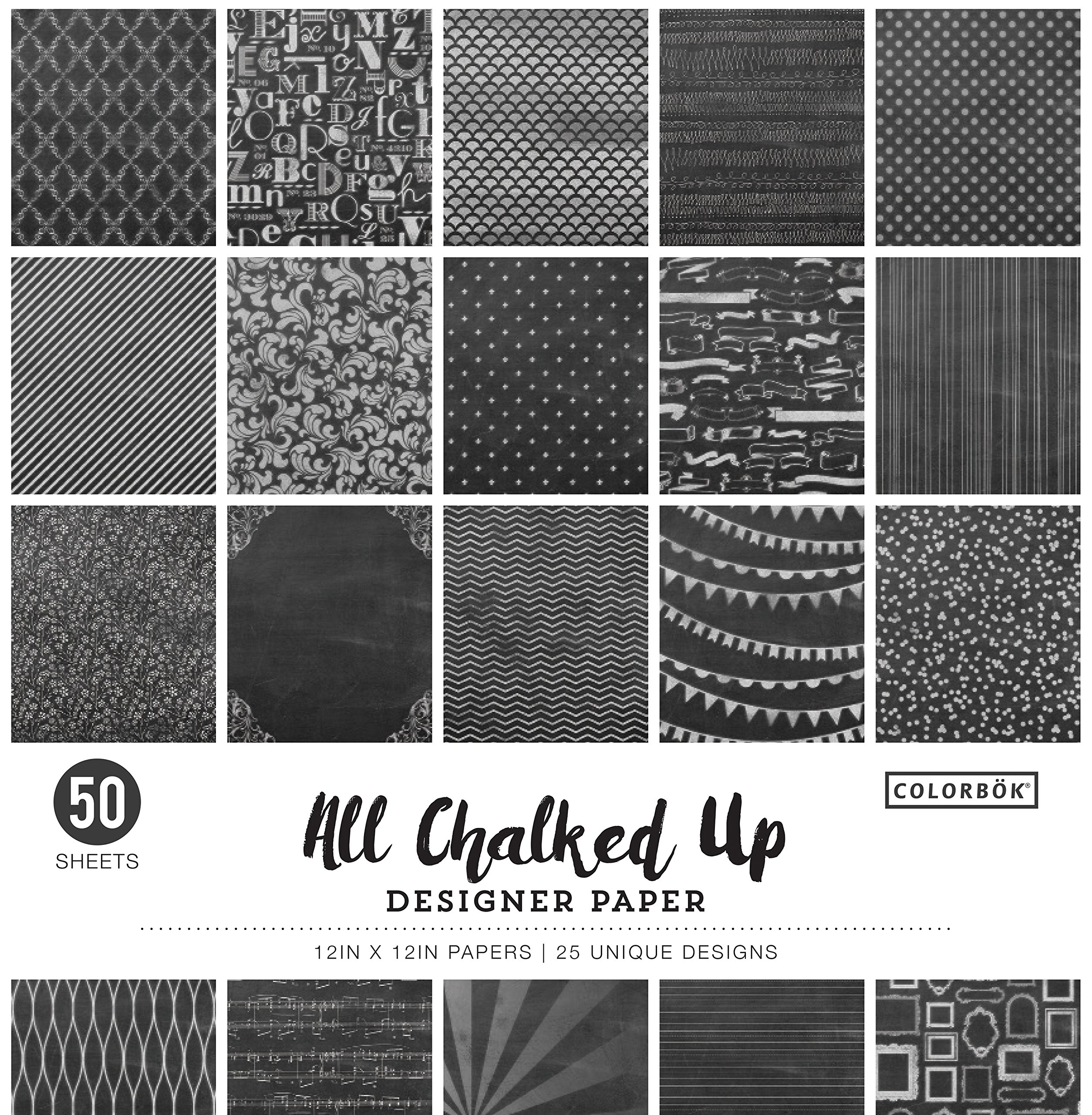 Colorbok Patterned Cardstock Paper 12x12, 50 Sheets of Chalkboard Scrapbook Paper for Crafts and Card Making, Single Sided, Bulk Pack with 25 Unique Designs, All Chalked Up