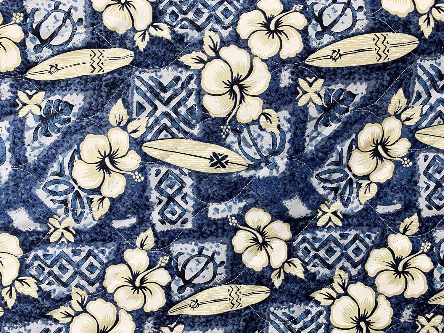 Quilted Fabric - 100% Cotton - 52 inch Wide - Sold by Yard - Turtle - Hibiscus - Floral - Leaves - Hawaiian - Ferns (Hibiscus Surf Blue)