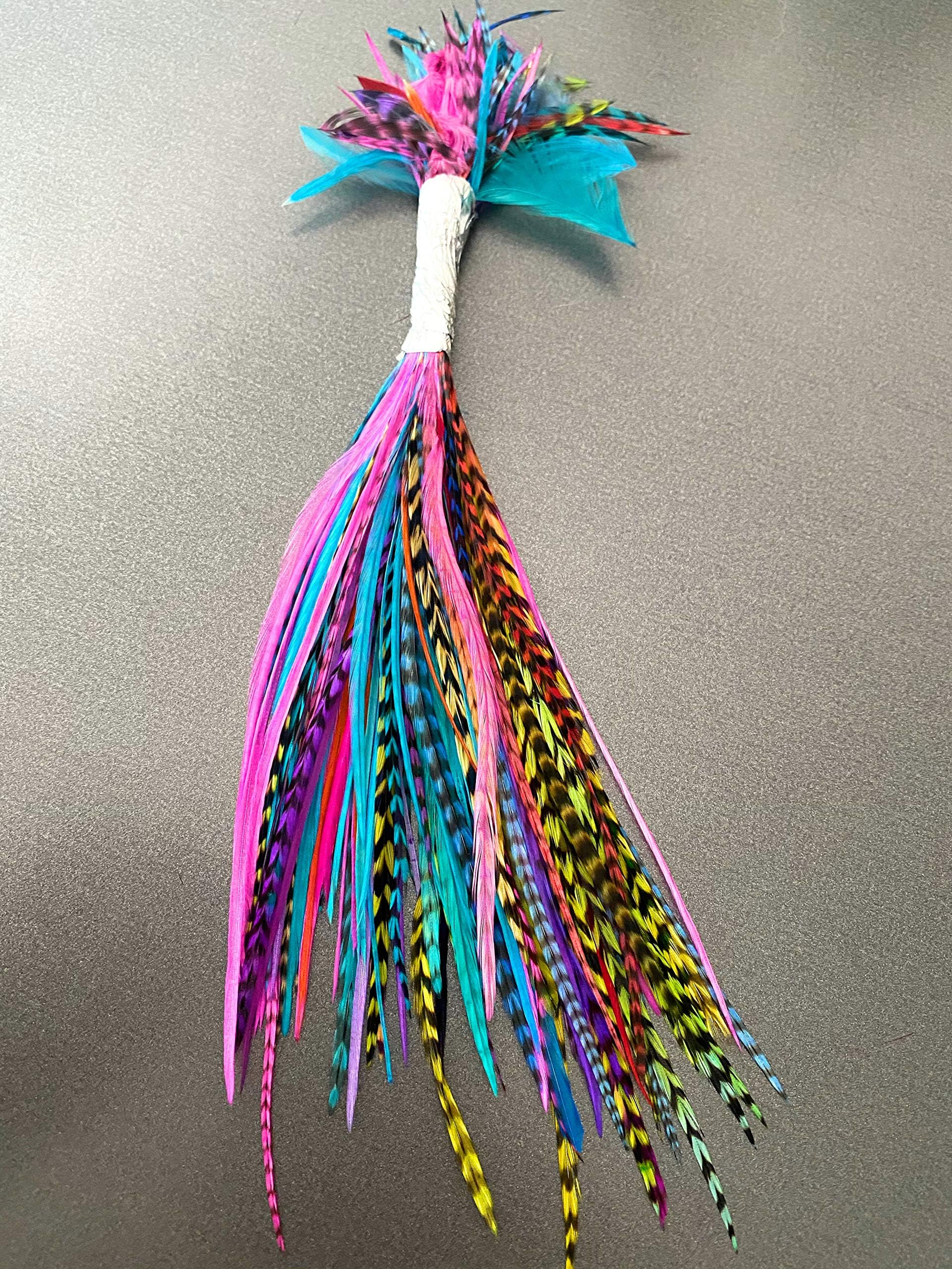100 Hair Craft Feathers SHORT TO MEDIUM LENGTH, 5-7" Real Rooster Feather Hair Extensions or Jewelry Grizzly, Natural and Rainbow Colors Mix- NO BEADS INCLUDED