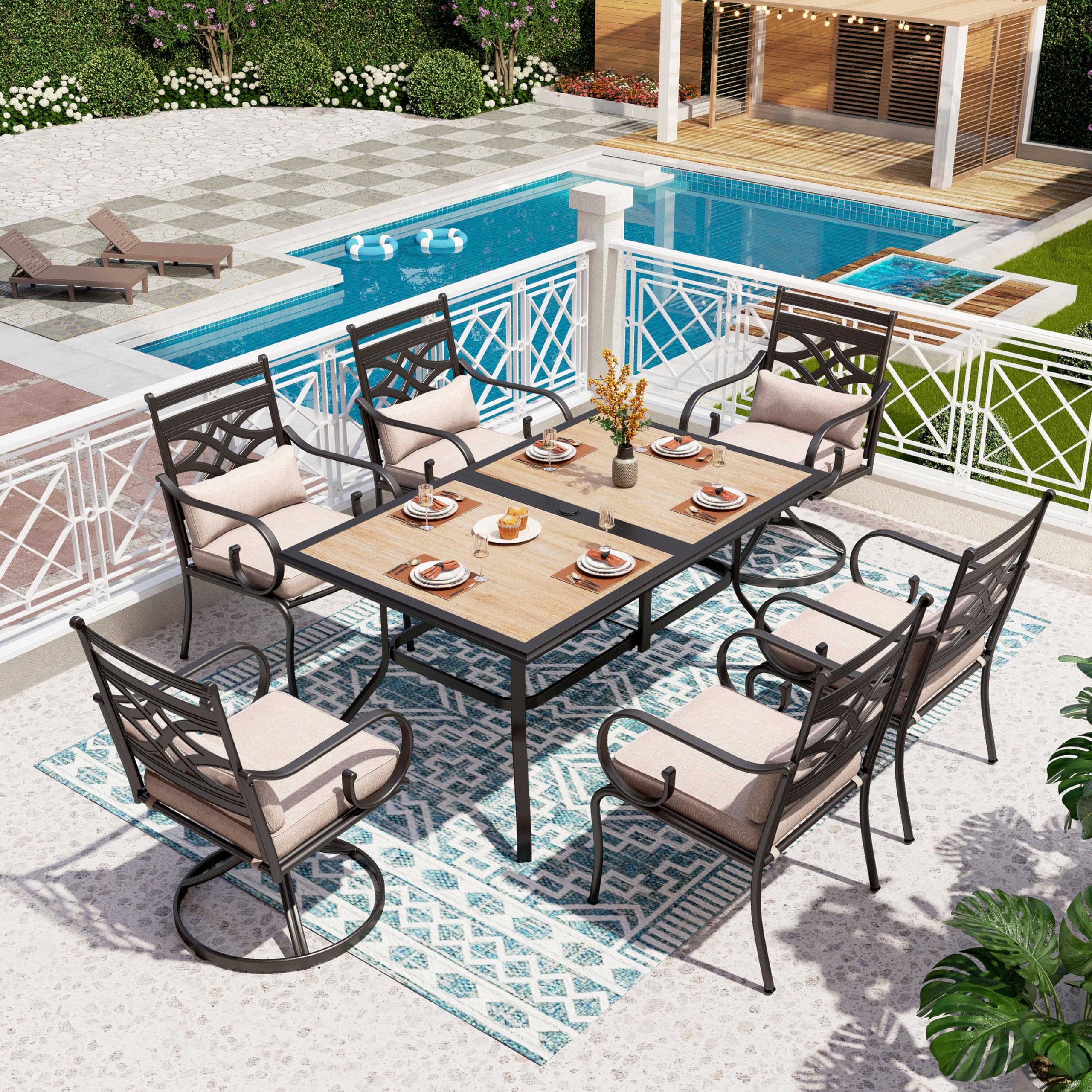 PHI VILLA Patio Dining Set for 6, 7 PCS Outdoor Dining Set-1 Rectangle 37x60in Dining Table (1.57" Umbrella Hole)&6 Patio Dining Chairs(Including 2