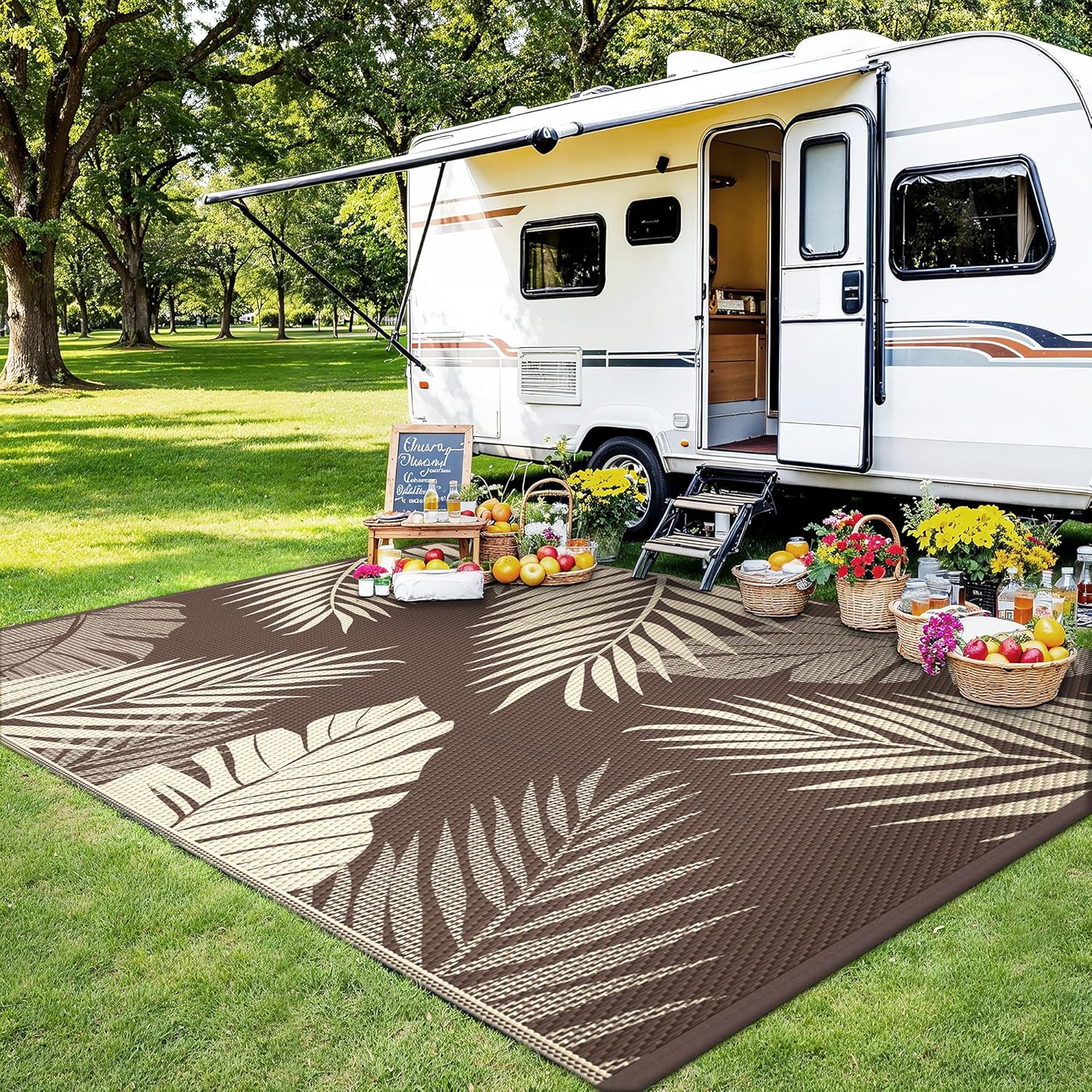sarben Outdoor Rug 4' x 6' Waterproof for Patios Clearance, Reversible Plastic Straw Indoor Outdoor Rug for RV, Picnic, Backyard, Deck, Balcony, Porch, Beach, Coffe and Beige