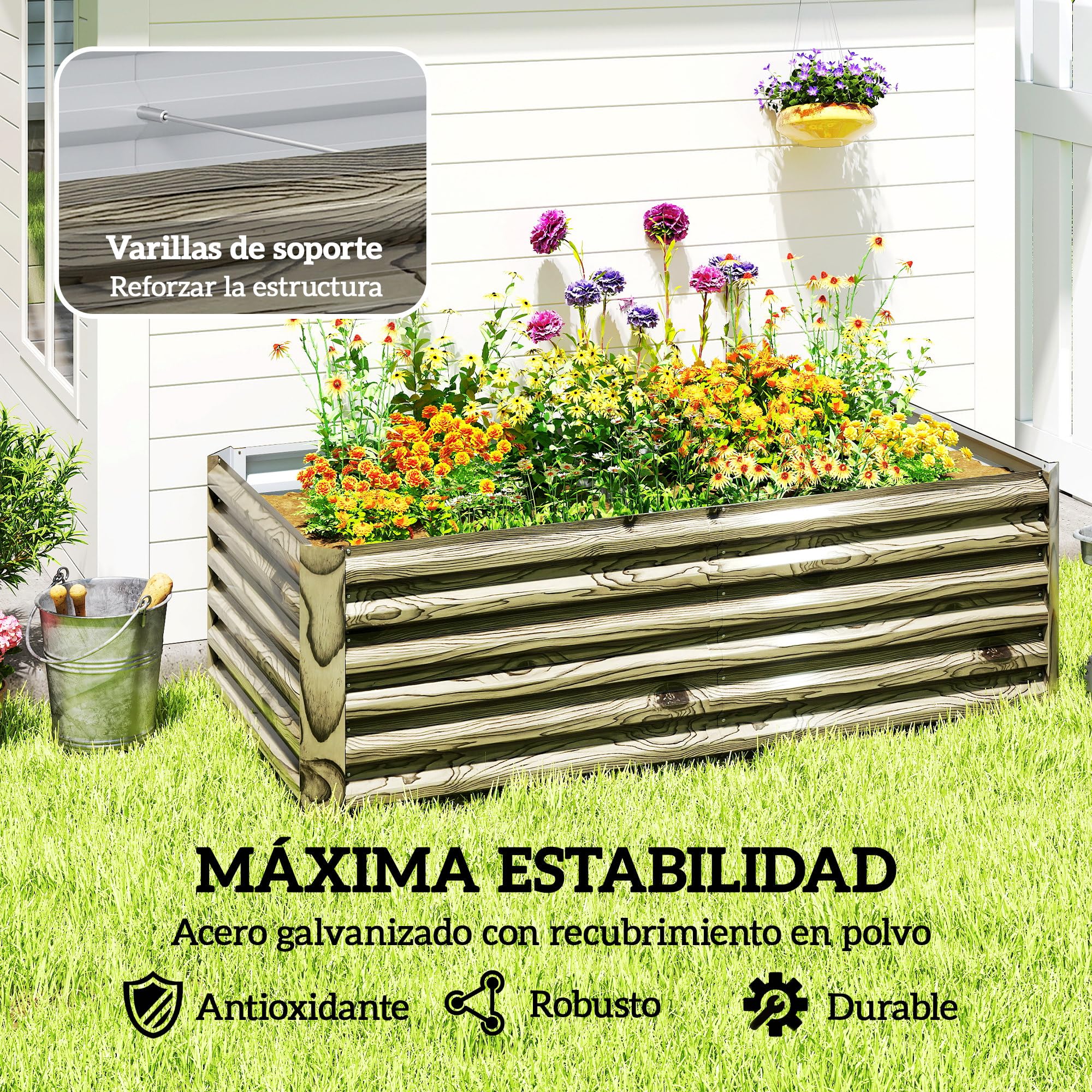 Outsunny Jardinera Exterior Grande Rectangular 180x90x57,5 cm Natural | de Acero Galvanizado, Huerto Urbano para Cultivar Plantas, Macetero con Base Abierta, Resistente a la Intemperie