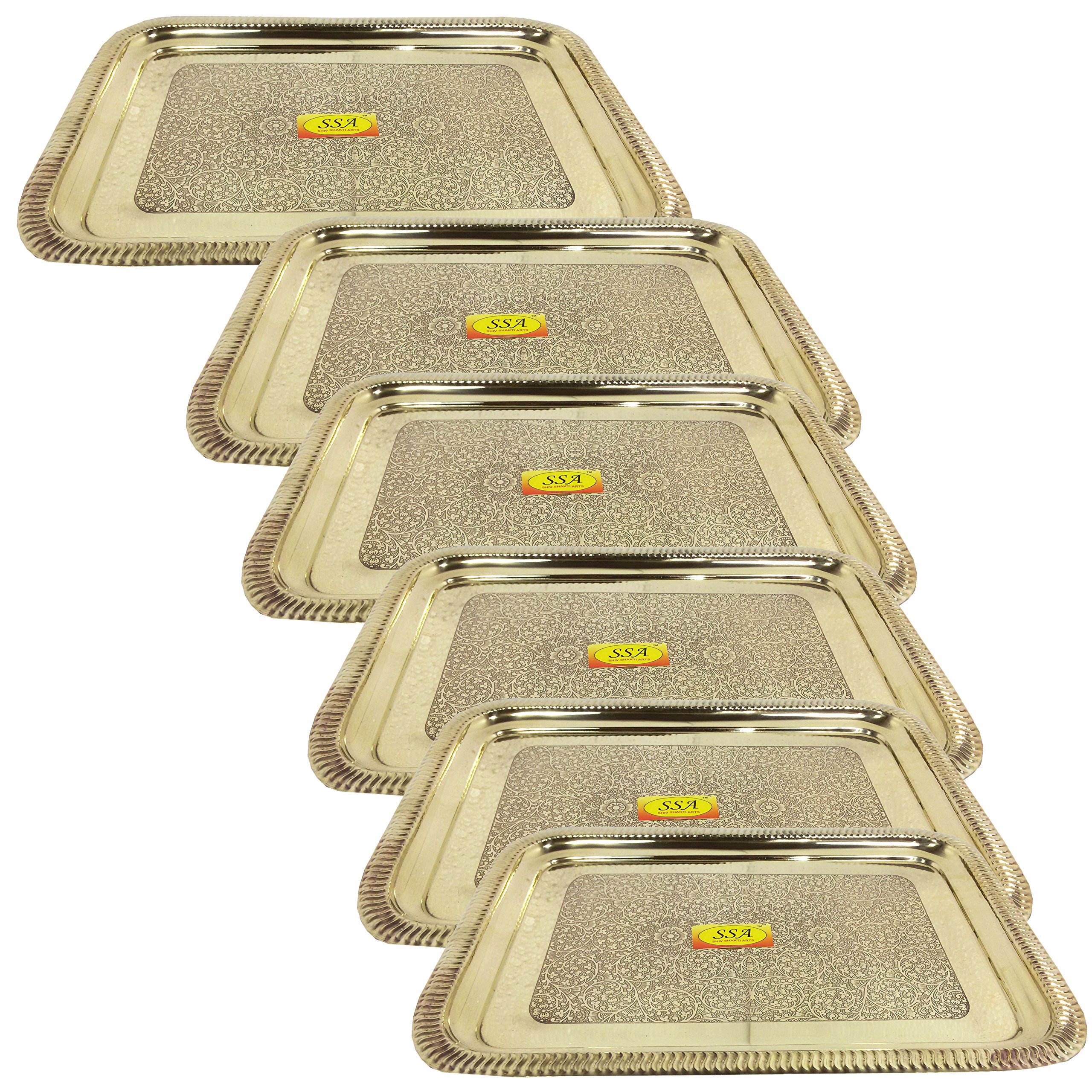 SHIV SHAKTI ARTS Handmade Set of 6 Pure Brass Embossed Tray Used for Homeware Hotelware