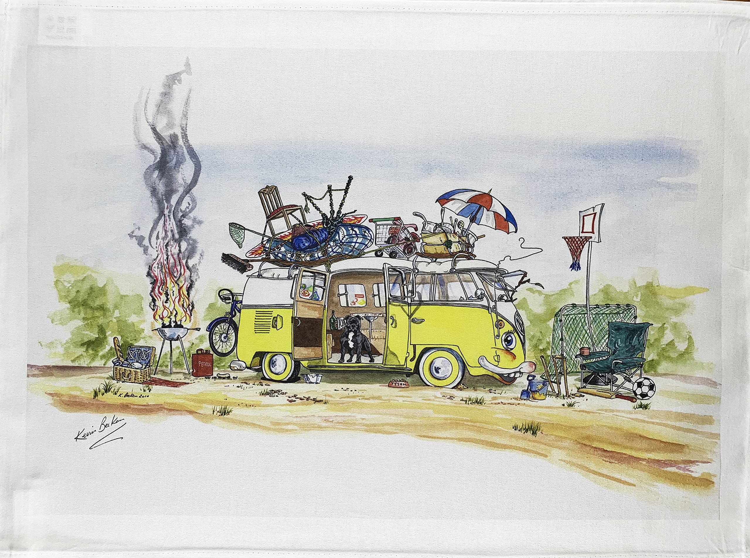 Half A Donkey White Hand Drawn Camper Van Capers Large Cotton Tea Towel