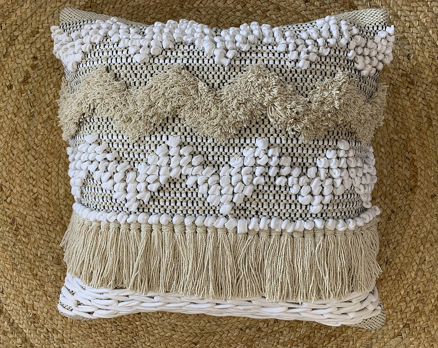 Set of 2 Boho Throw Pillow Covers for Couch, 18 x 18 Inch Cotton Hand-Woven Tufted Decorative Pillows Covers Bedroom Living Room, Farmhouse with Fringes