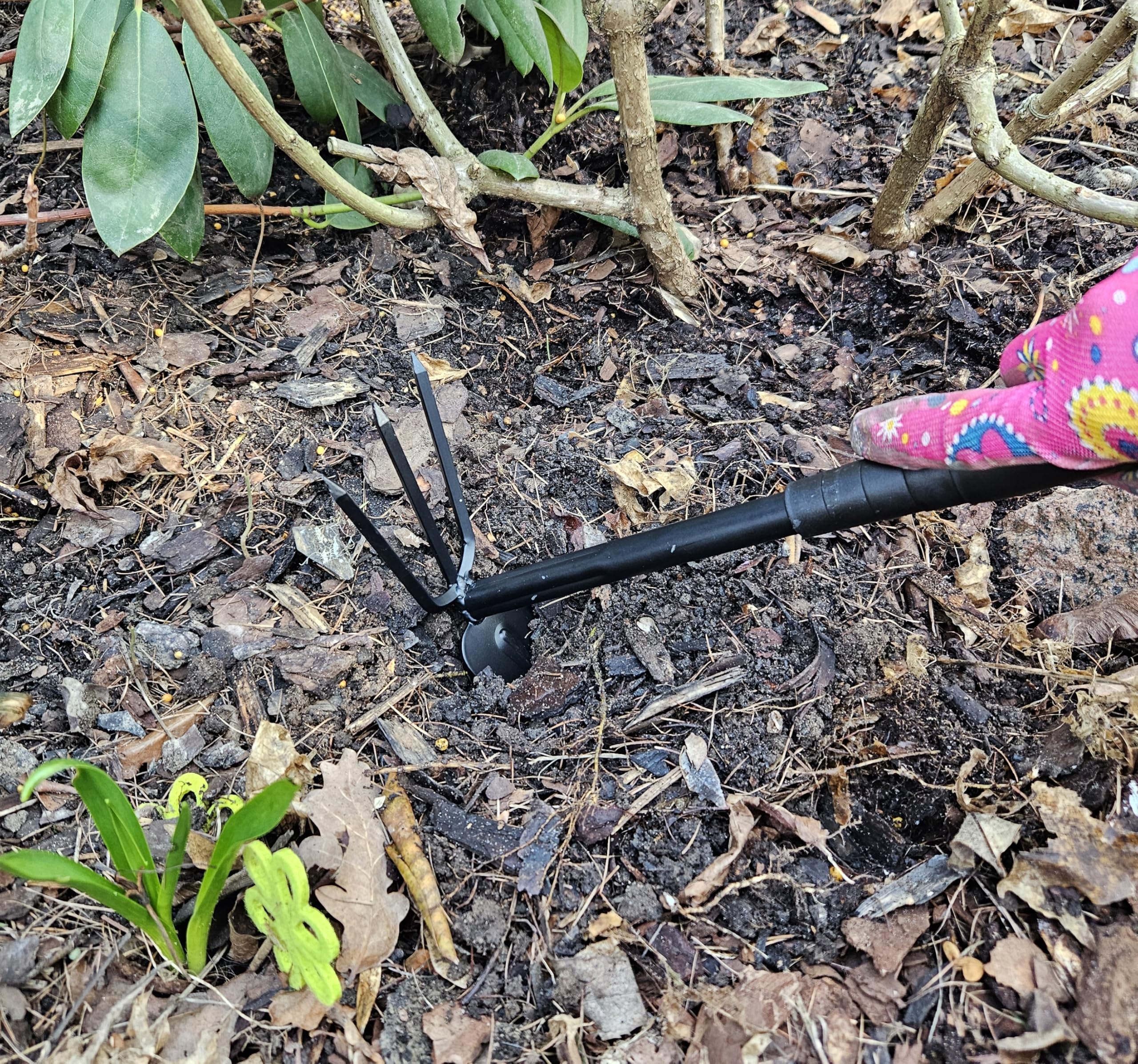 Mivos Azada doble de jardín Tridente para deshuesar y desherbar el suelo - Doble azada con 3 dientes - Azada de dos cabezas de metal para trasplante - Ancho 7 cm