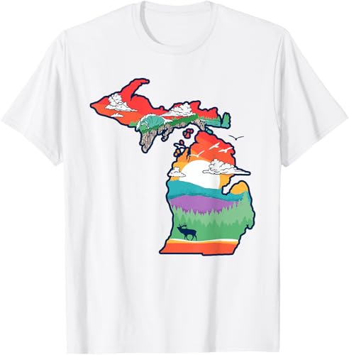 Miniatura 71 de Michigan Outside Vintage Nature Illustration Artistic T-Shirt Slate Grey,White,Baby Blue,Red,Silver Grey,Dark Green,Kelly Green,Olive Green,Lemon