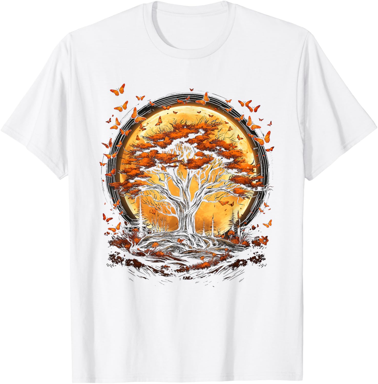 Fall Autumn falling leaves with Tree and Butterfly orange T-Shirt