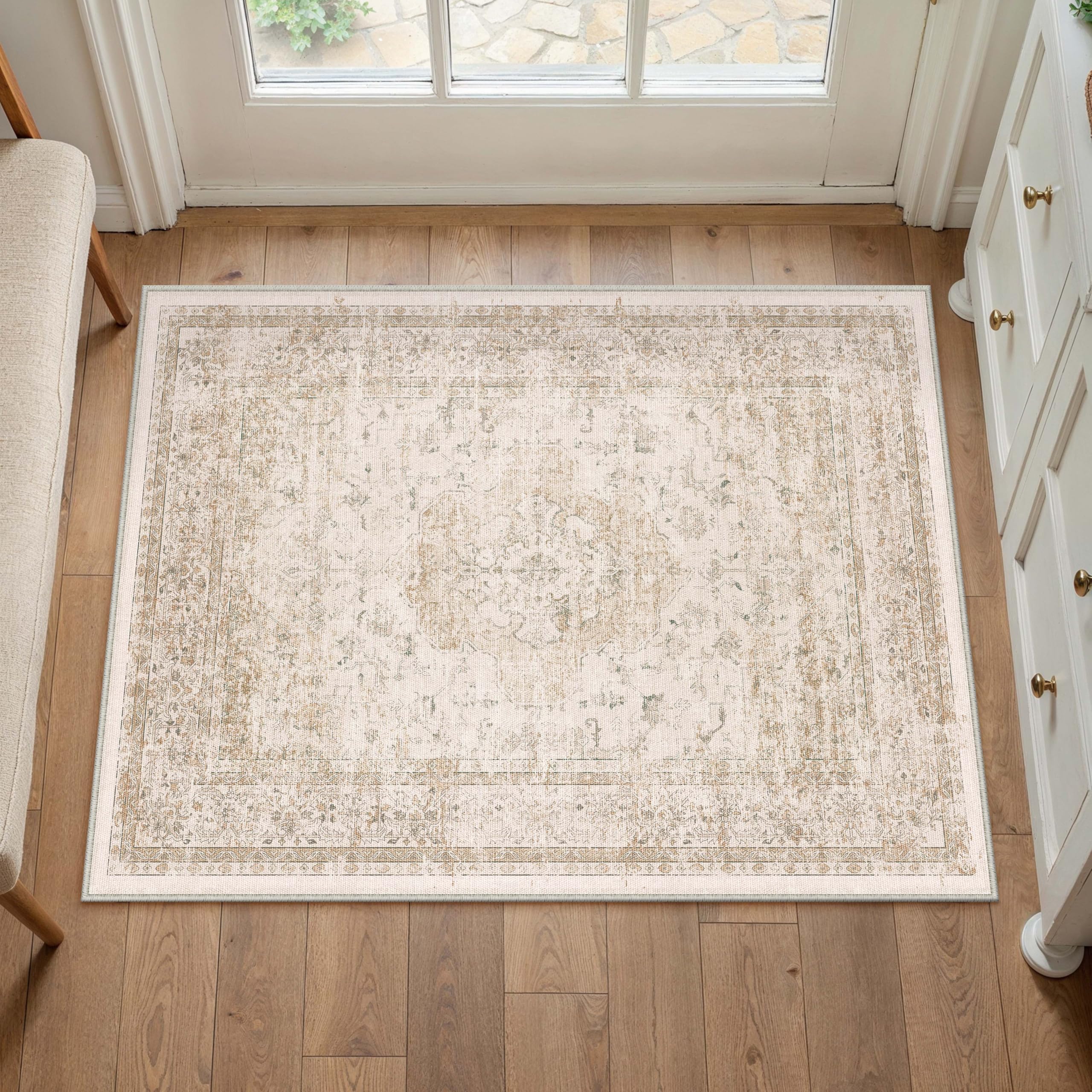 PureCozy Beige Small Entryway Rug 2x3 Vintage Oriental Distressed