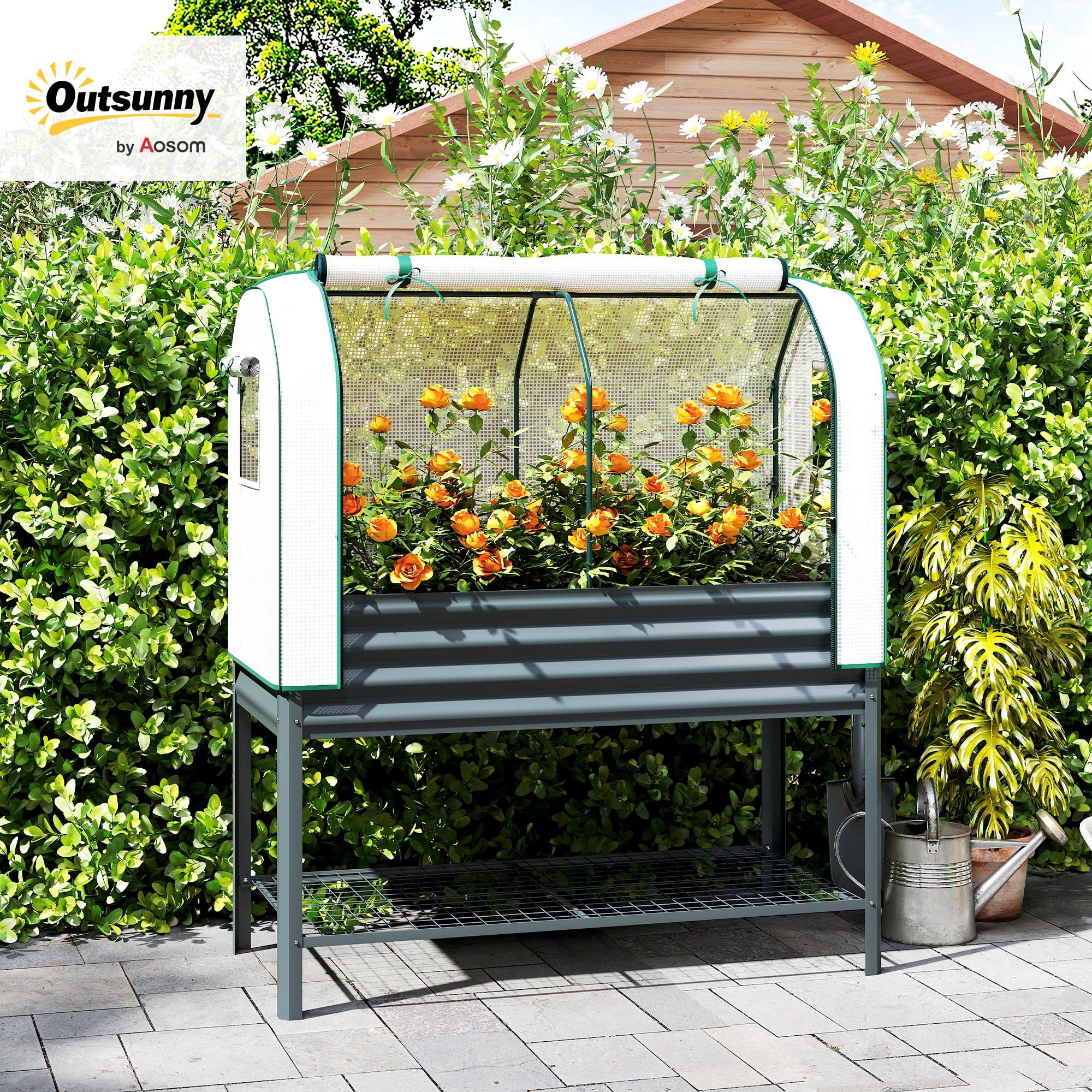 Outsunny Huerto Urbano Elevado con Cubierta de Invernadero de 140 g/m² PE, Mesa de Cultivo de Metal Galvanizado con Estante Inferior y Forro para Cultivo, Plantas y Flores, 120x55x140 cm, Gris Oscuro
