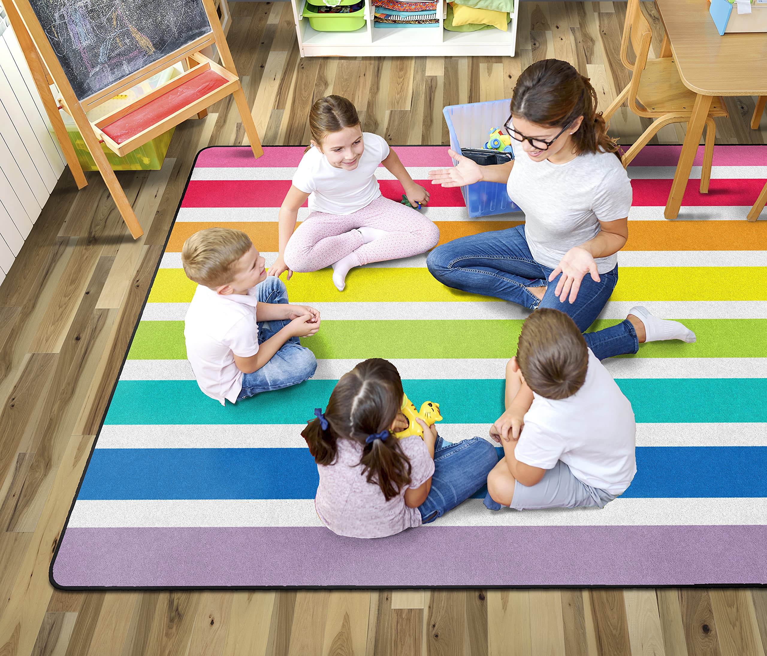 Flagship Carpets Schoolgirl Style Hello Sunshine Bright Rainbow Striped Classroom Area Rug for Indoor Classroom Learning or Kid Bedroom Educational Play Mat, 5'x7'6