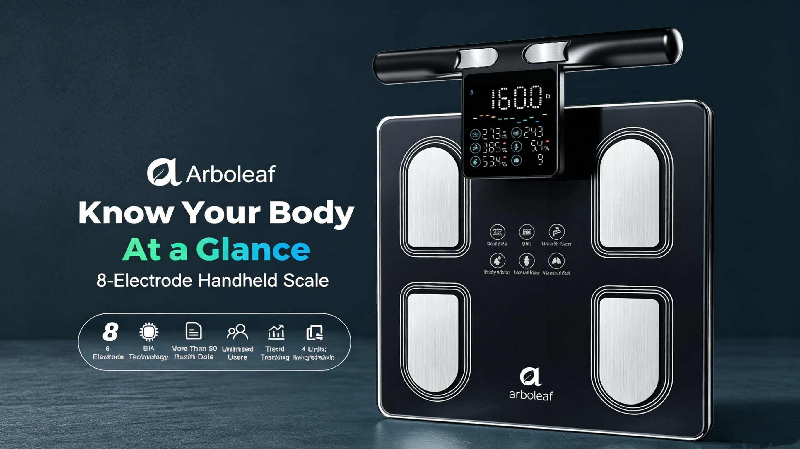 Image of Arboleaf 8-Electrode Body Composition Scale with Handle Display, Black