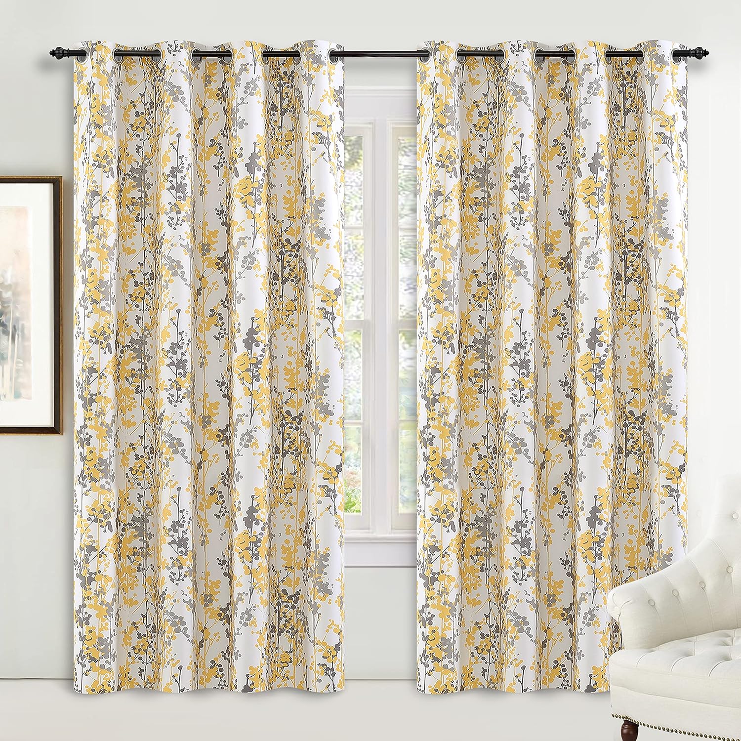 DriftAway Abstract Floral Yellow Curtains for Living Room Bedroom Kitchen Ink and Ivy 90 Inches Long Botanical Room Darkening Window Drapes Grommet Top 2 Panels Golden Yellow/Gray 52"W x 90"L (Pack of 2)