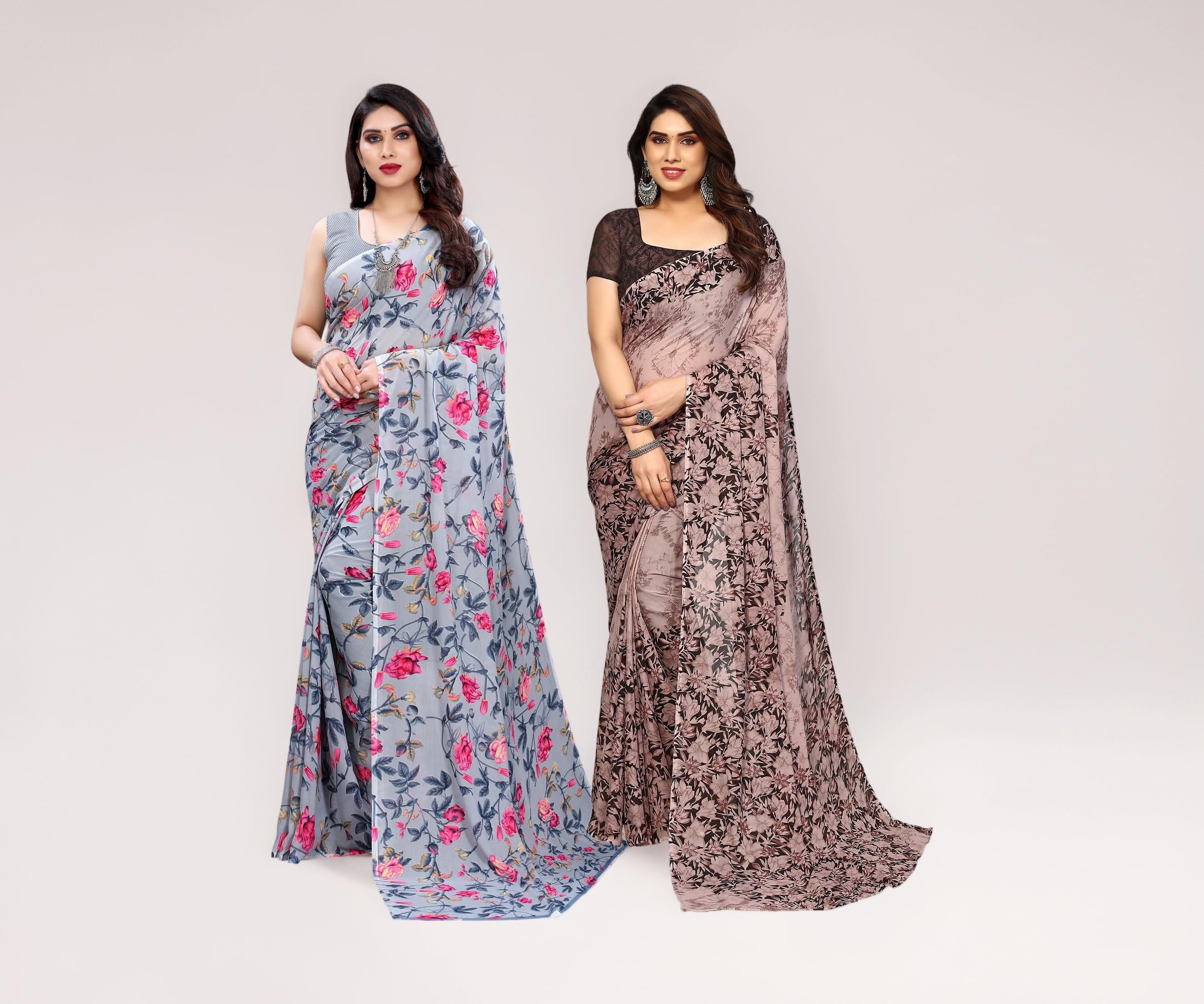 Women's Georgette Printed Saree With Unstitched Blouse Piece Combo Pack Of 2