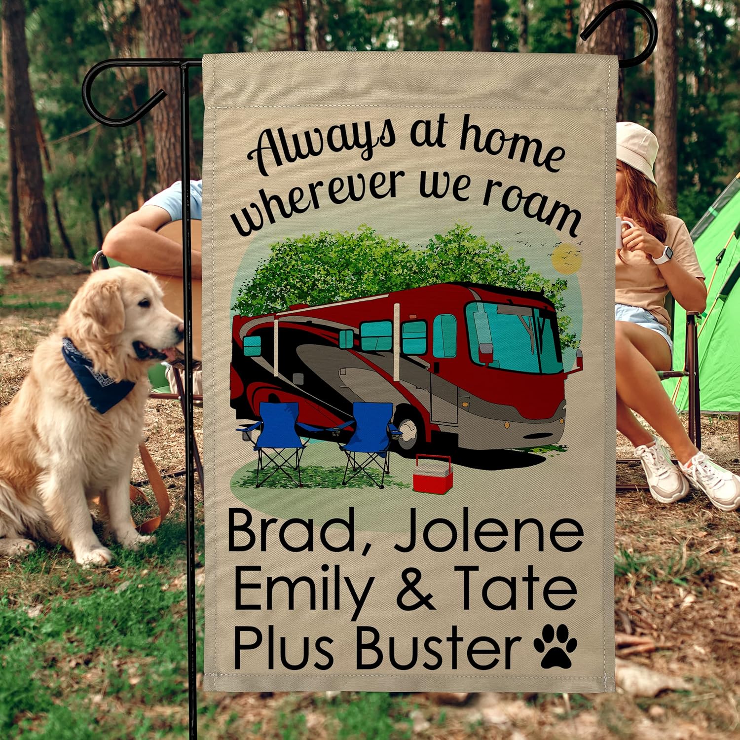 Personalized Camping Flag, Always at Home Wherever We Roam with 3 Lines of Custom Text, Maroon and Gray Class A Motorhome on Tan Fabric