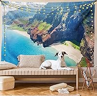 Vista 8 de Ambesonne Tapiz hawaiano, Costa Na Pali en la isla de Kauai en Hawái, día soleado, horizonte de montaña, colgante de pared para dormitorio, sala