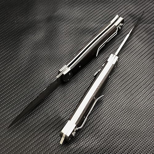 Miniatura 6 de HEiLON Cuchillo de bolsillo plegable táctico de acero de Damasco de un solo borde de acero de Damasco cómodo con mango de madera de wengué, bloqueo