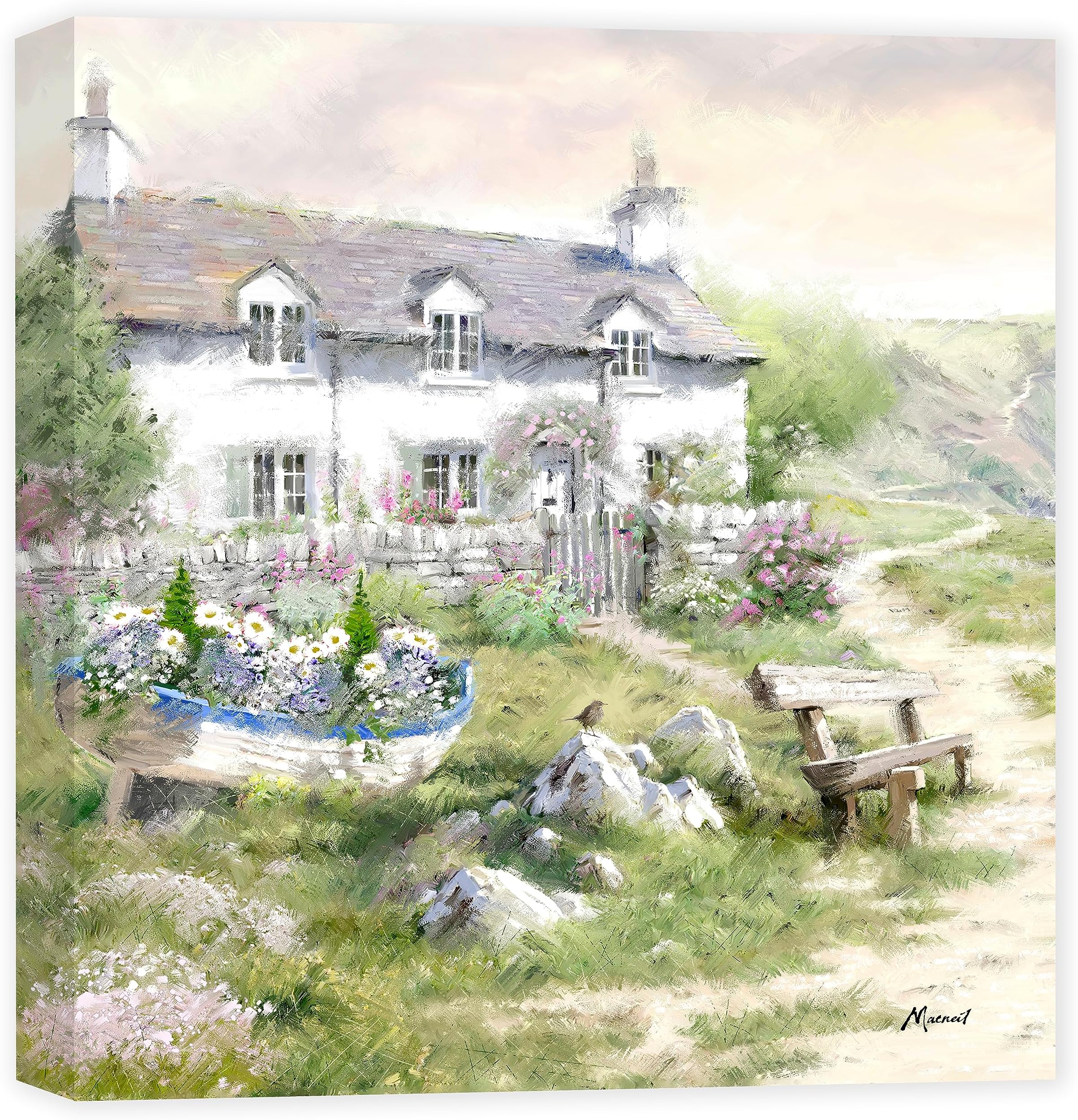 Artko Coastal Cottage Canvas Print - Sea View Cottage I Painting by Richard Macneil - Contemporary Seaside Themed Artwork - Ready to Hang Home Decor - 30 x 30cm