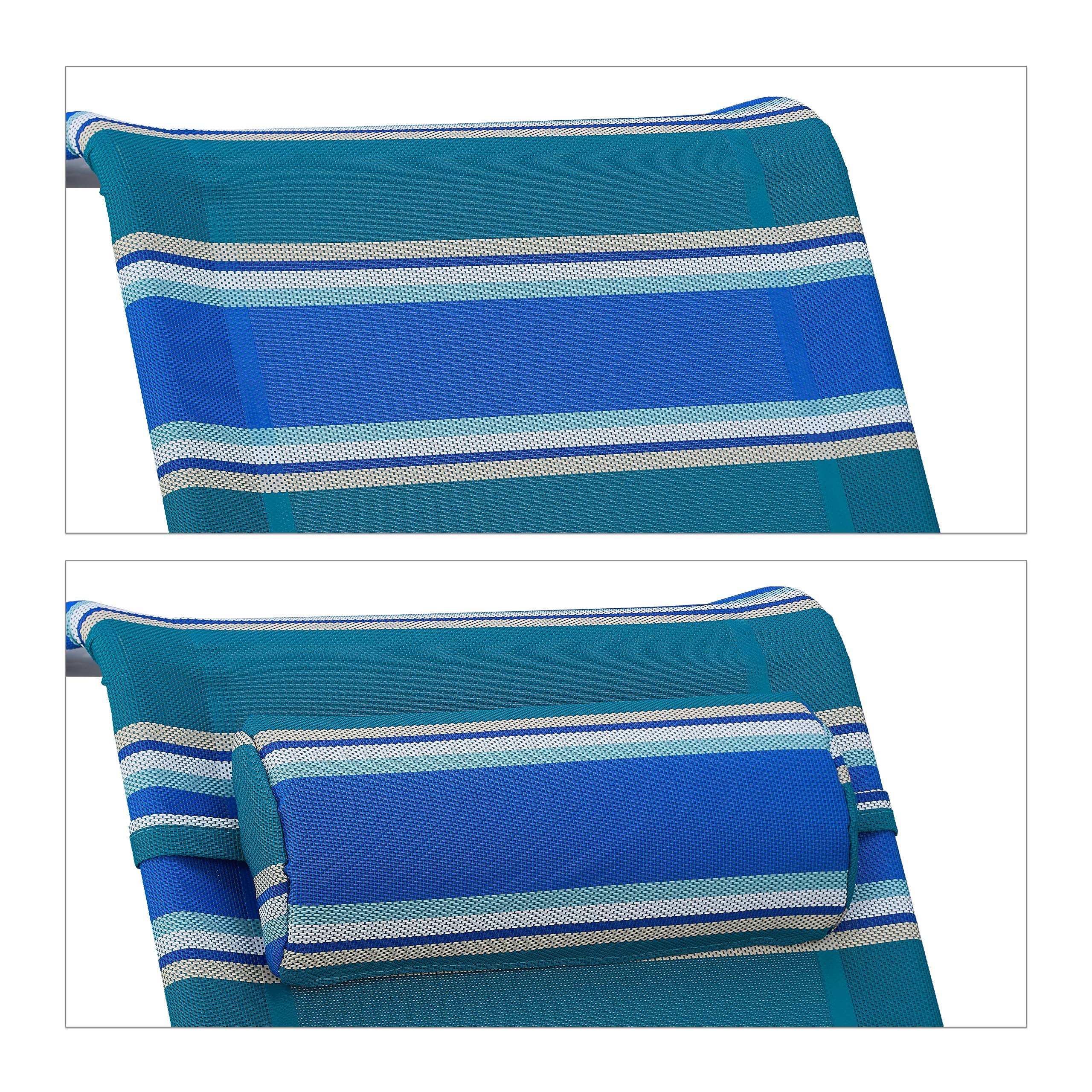 Relaxdays Liegestuhl klappbar, verstellbar, Strandstuhl mit Nackenkissen, Armlehnen & Flaschenöffner, blau/grün/weiß, 1 Stück, 10035903