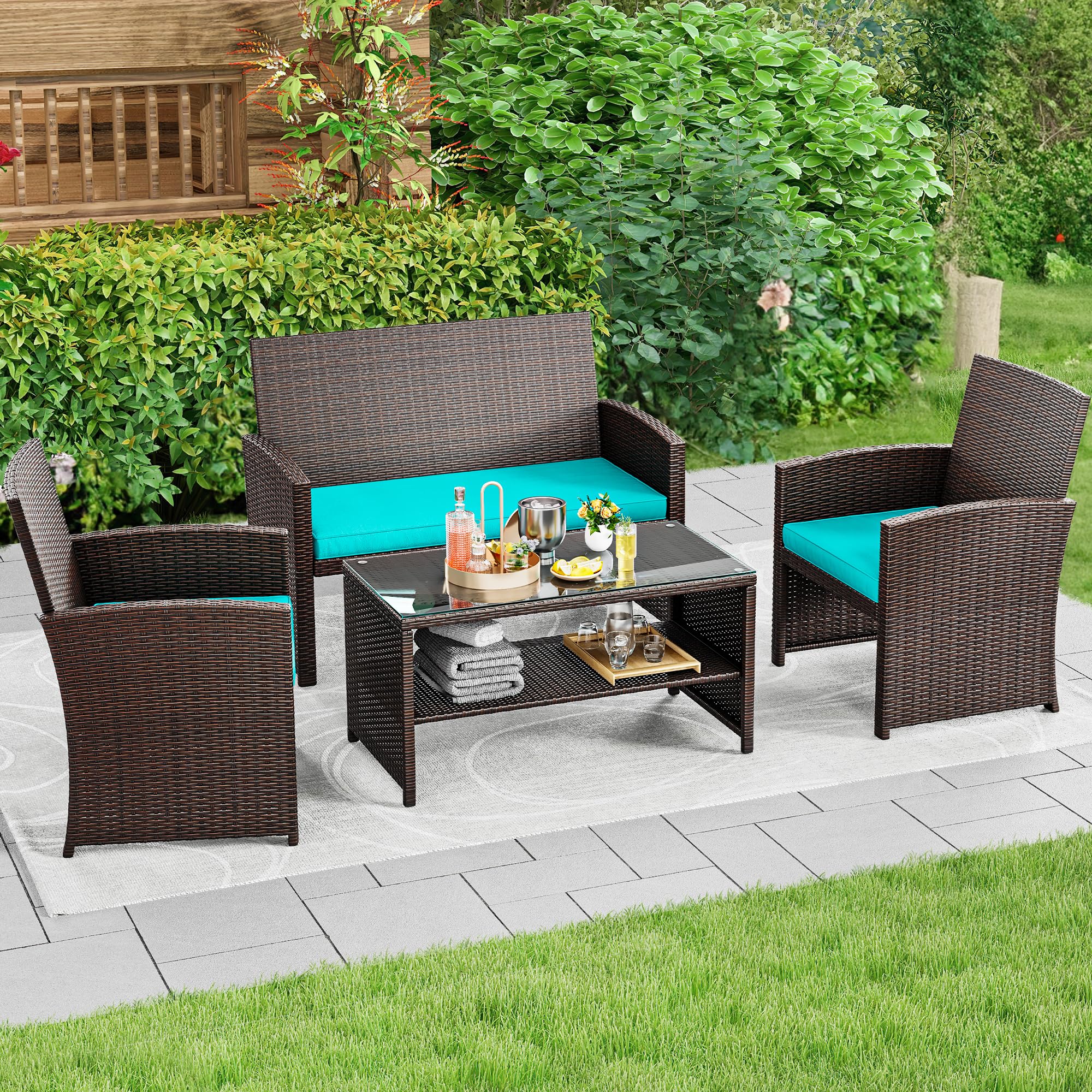 YITAHOME Patio Furniture Wicker Outdoor Bistro Set, 4-Piece All Weather Rattan Conversation Loveseat for Backyard, Balcony and Deck w/Soft Cushions and Metal Coffee Table (Brown+Blue)