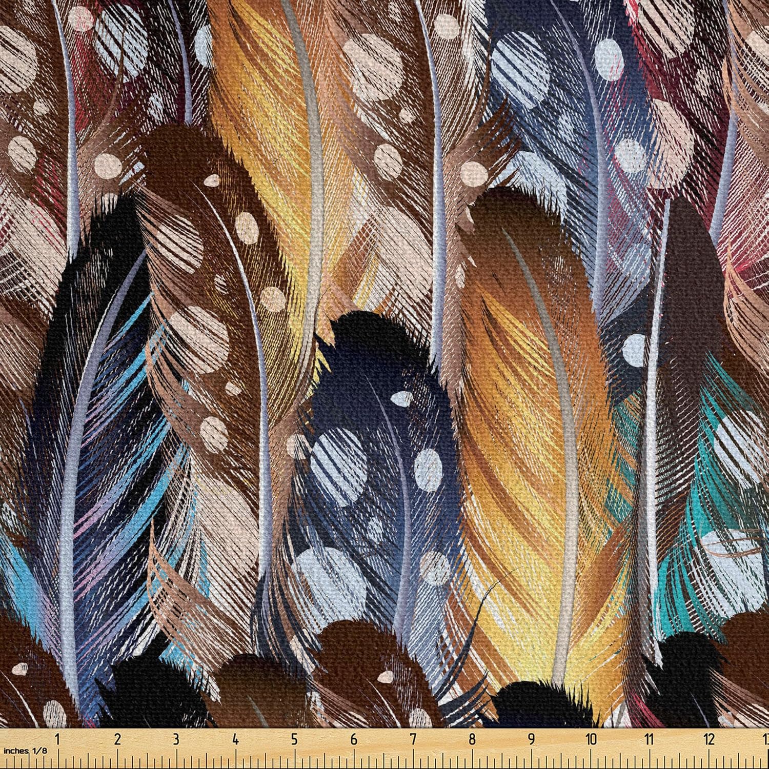 Ambesonne Fashion Faux Suede Fabric by The Yard, Multicolored Overlapped Feathers Illustrations Ethnic Concept Art, for Indoor Outdoor DIY Projects Upholstery, 2 Yards, Dark Mustard and Petrol Blue