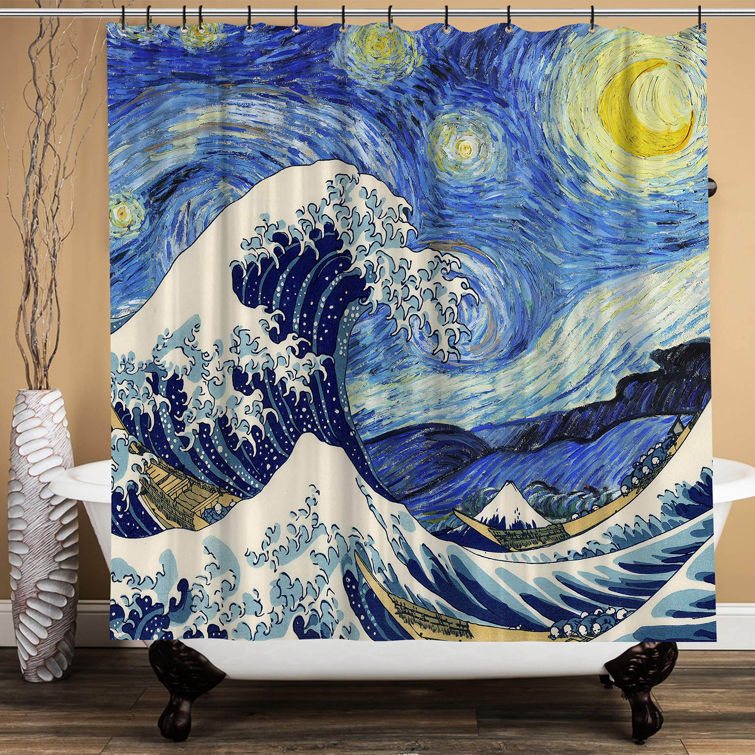 SPANKER SPACE Artistic Blue Van Gogh Starry Night with Japanese Hokusai The Great Wave Painting Waterproof Fabric Bath Art Shower Curtain with Hooks, Bathroom Set Accessories Decor, 72"x72"