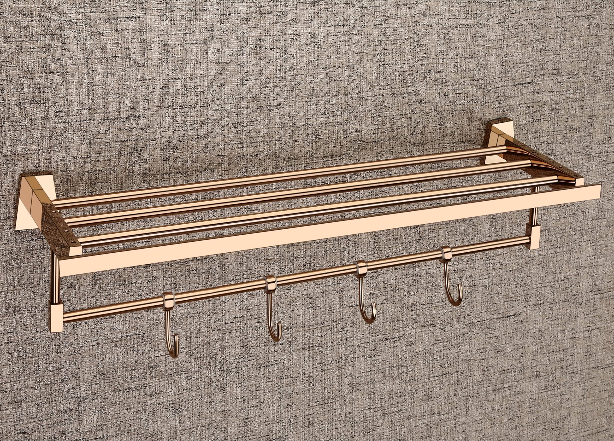 Brass Towel Rack/Brass Towel Stand with 4 Hooks 18" inch PVD Rose Gold Finish Wall Mounted (DL-1201-ROSEGOLD)