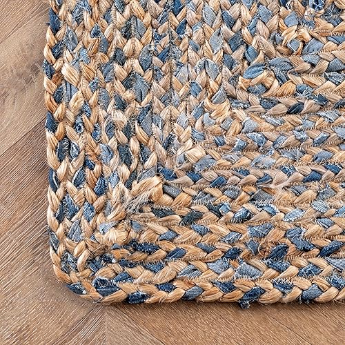 Miniatura 4 de nuLOOM Eliz - Alfombra de yute a rayas de 2 x 6 para comedor, alfombra neutra, alfombra para sala de estar, entrada, pasillo, cocina, azulnatural