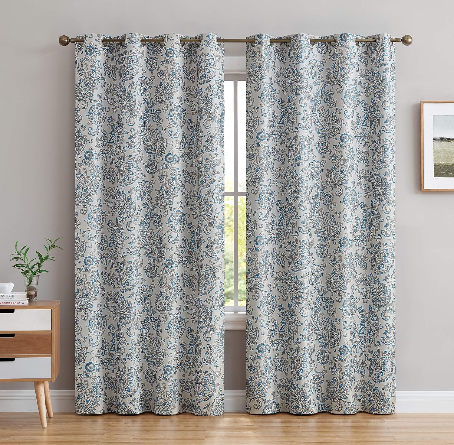 HLC.ME Amalfi Paisley Faux Silk 100% Blackout Bedroom Room Darkening Thermal Lined Curtain Grommet Panels - Energy Efficient, Complete Darkness, Noise Reducing - Set of 2 (Blue, 52" W x 72" L)