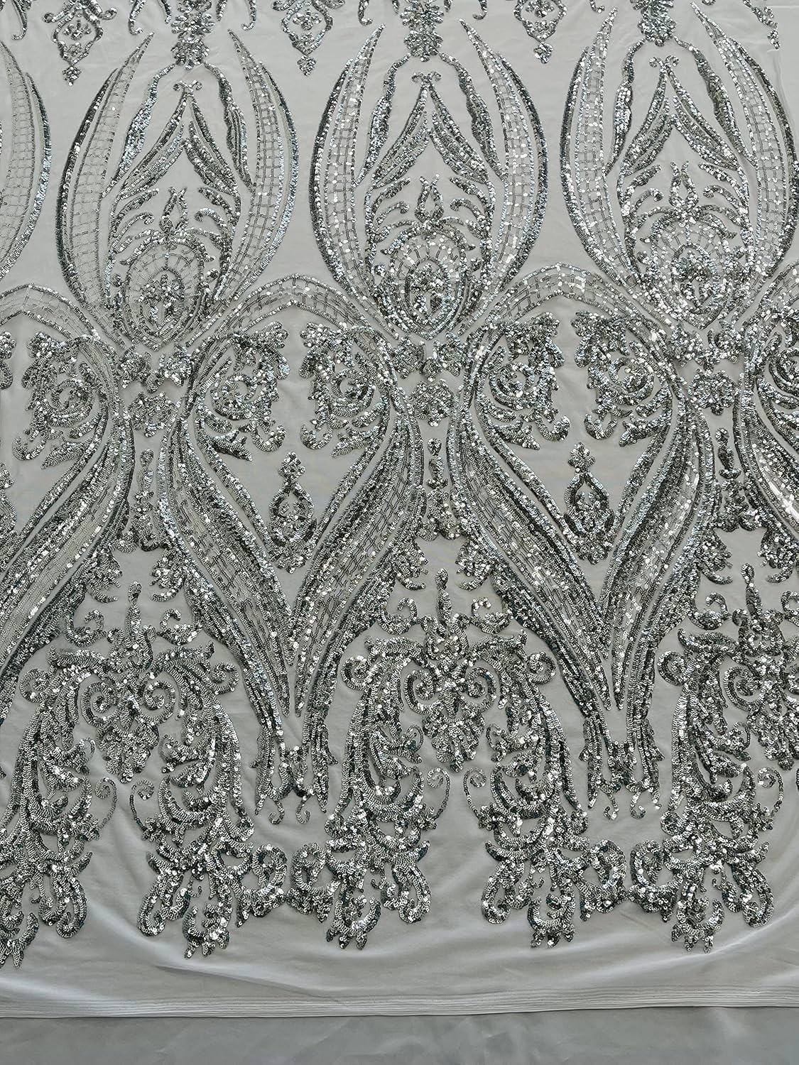 New Creations Fabric & Foam Inc, Empire Damask Design with Sequins Embroider On A 4 Way Stretch Mesh Fabric (1 Yard, Silver on White Mesh)