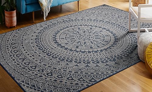 Miniatura 5 de Alfombra moderna con mandala para interiores y exteriores, resistente a la intemperie, para porche, terraza, balcón, patio, 5 x 7 pies, color gris,
