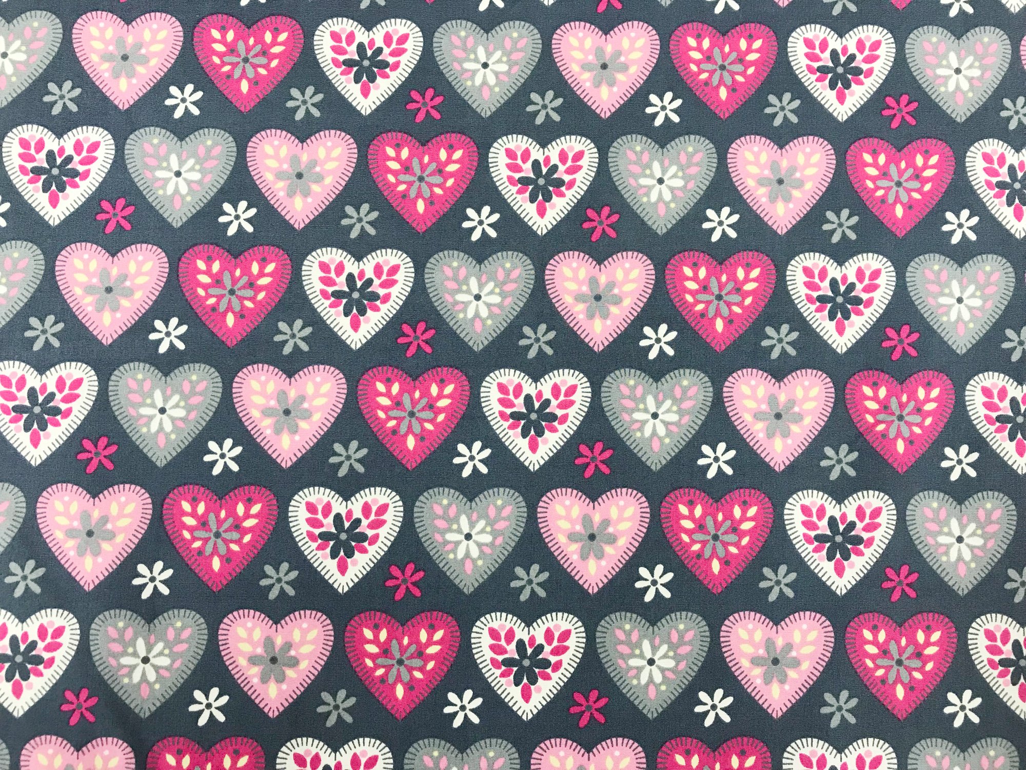 Oddies Grey 100% Cotton Poplin Fabric - Pink & Love Hearts- 112Cm Wide - Sold Per Metre - 130Gsm