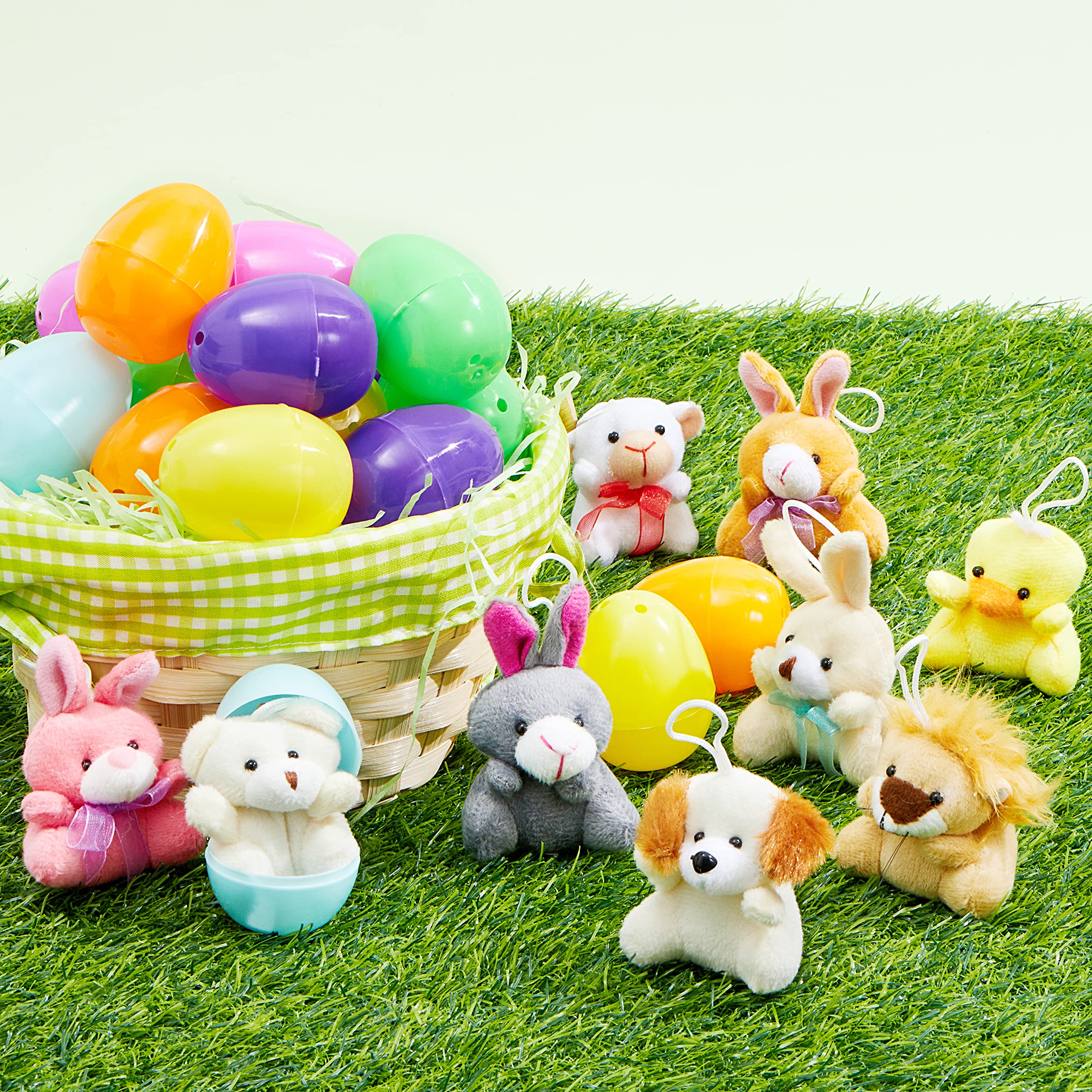 JOYIN 18 Pcs Pre-Filled Easter Eggs with Plush Animal Toys, Egg Filled Keychain for Kids Hunt Goodie Bag Fillers Basket Stuffers and Party Favor