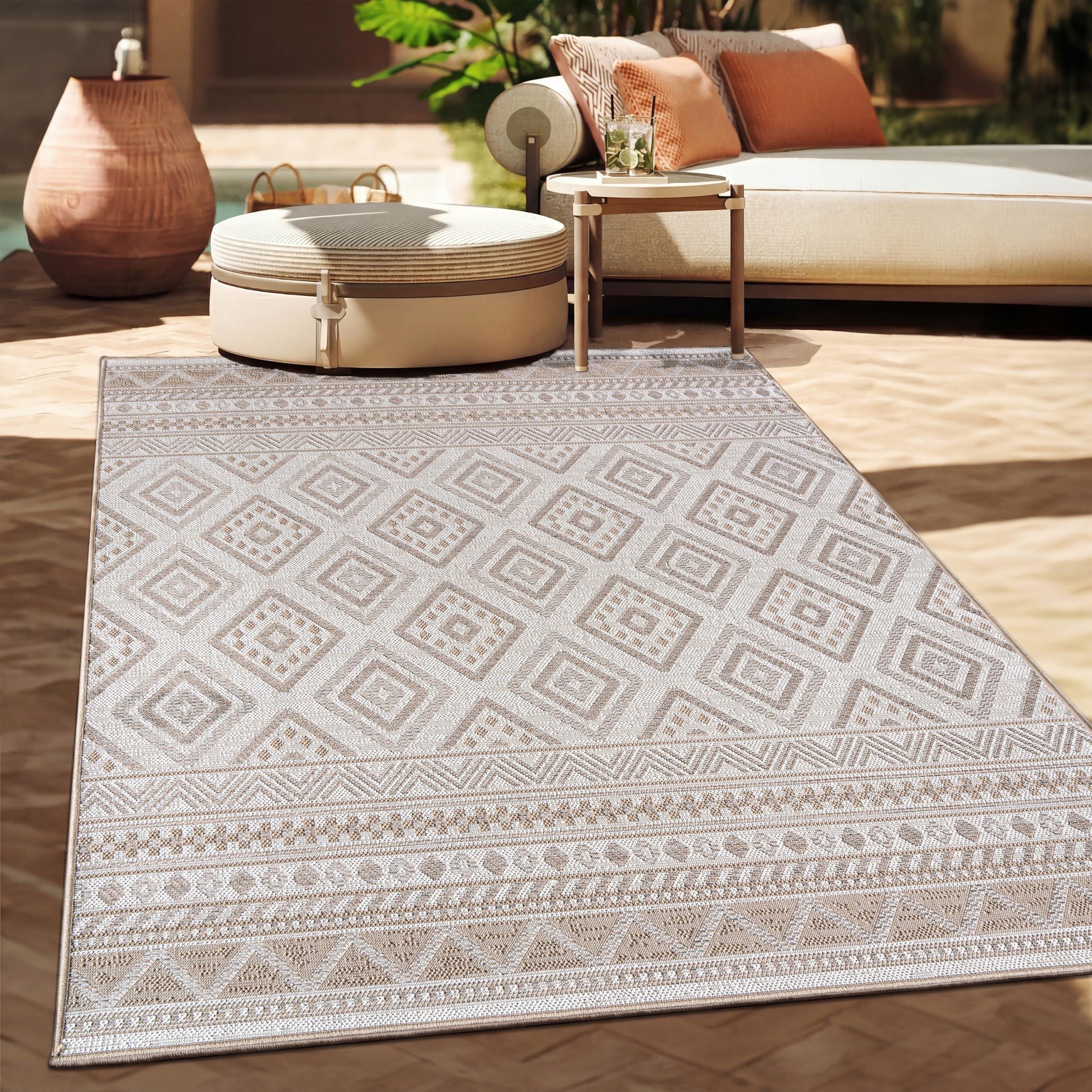 Paco Home Outdoor Teppich, Wetterfest, UV-beständig & Pflegeleicht, Flachgewebe Modern Boho-Style. Ideal für Terrasse Balkon Wohnzimmer & Küche, Grösse:200x280 cm, Farbe:Beige 2